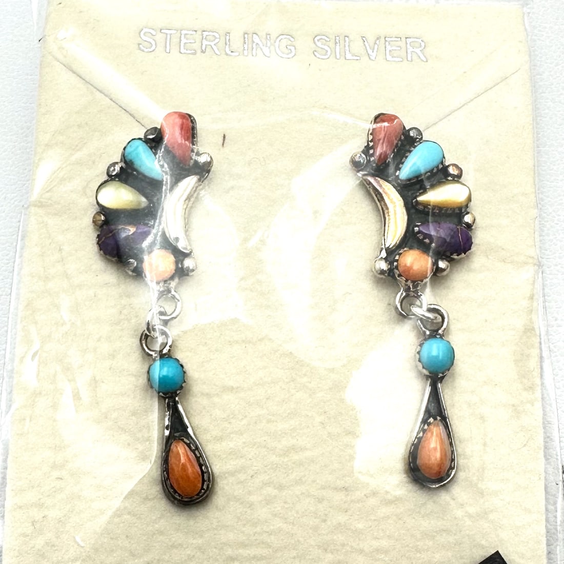 Southwest Style Turquoise Spiney Oyster Multi Gemstone Sterling Silver Pierced Earrings 1 3/4 Inch (1 of 2)