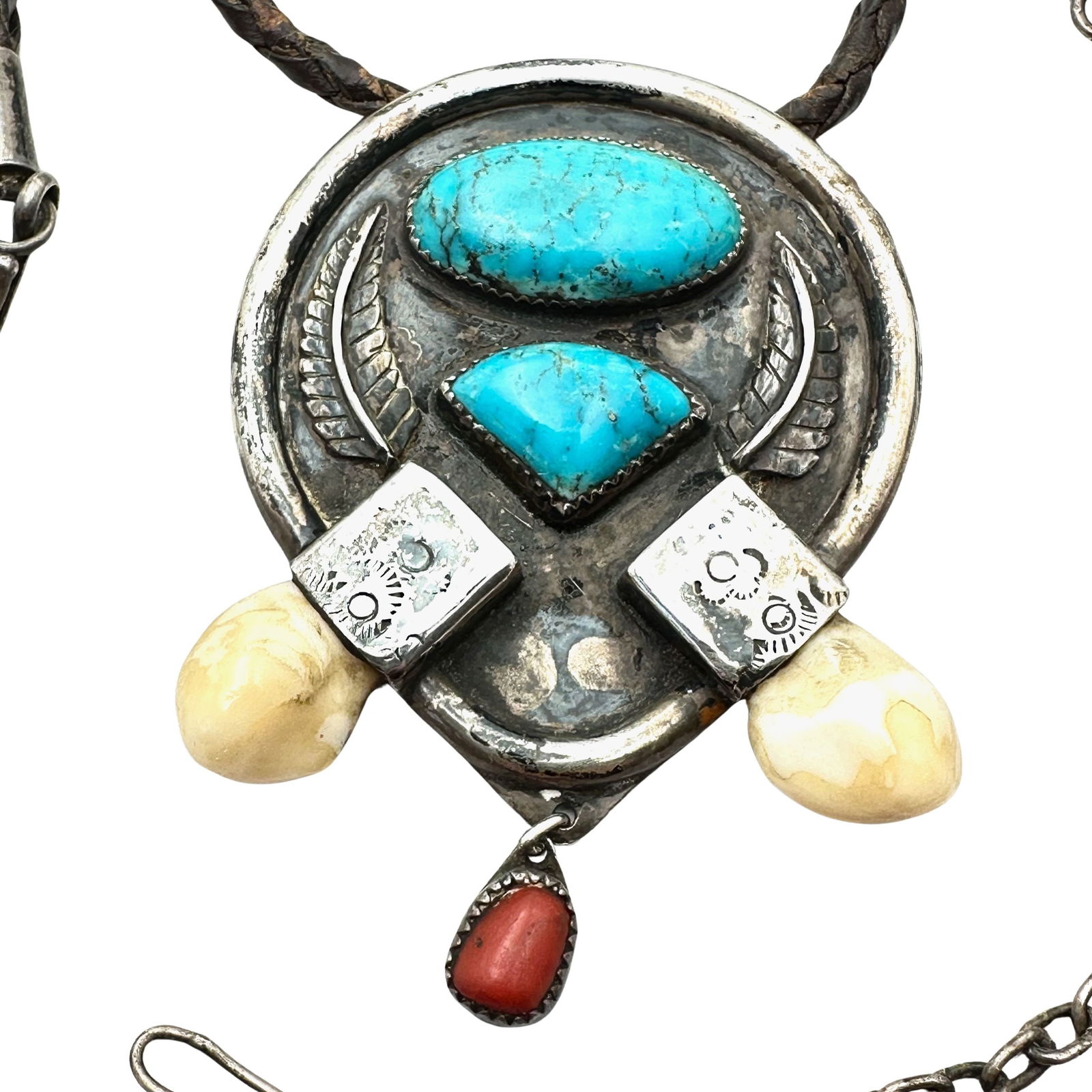 Vintage Native American Turquoise Sterling Silver Pendant Necklace Brown Leather Necklace 59 Grams (1 of 2)