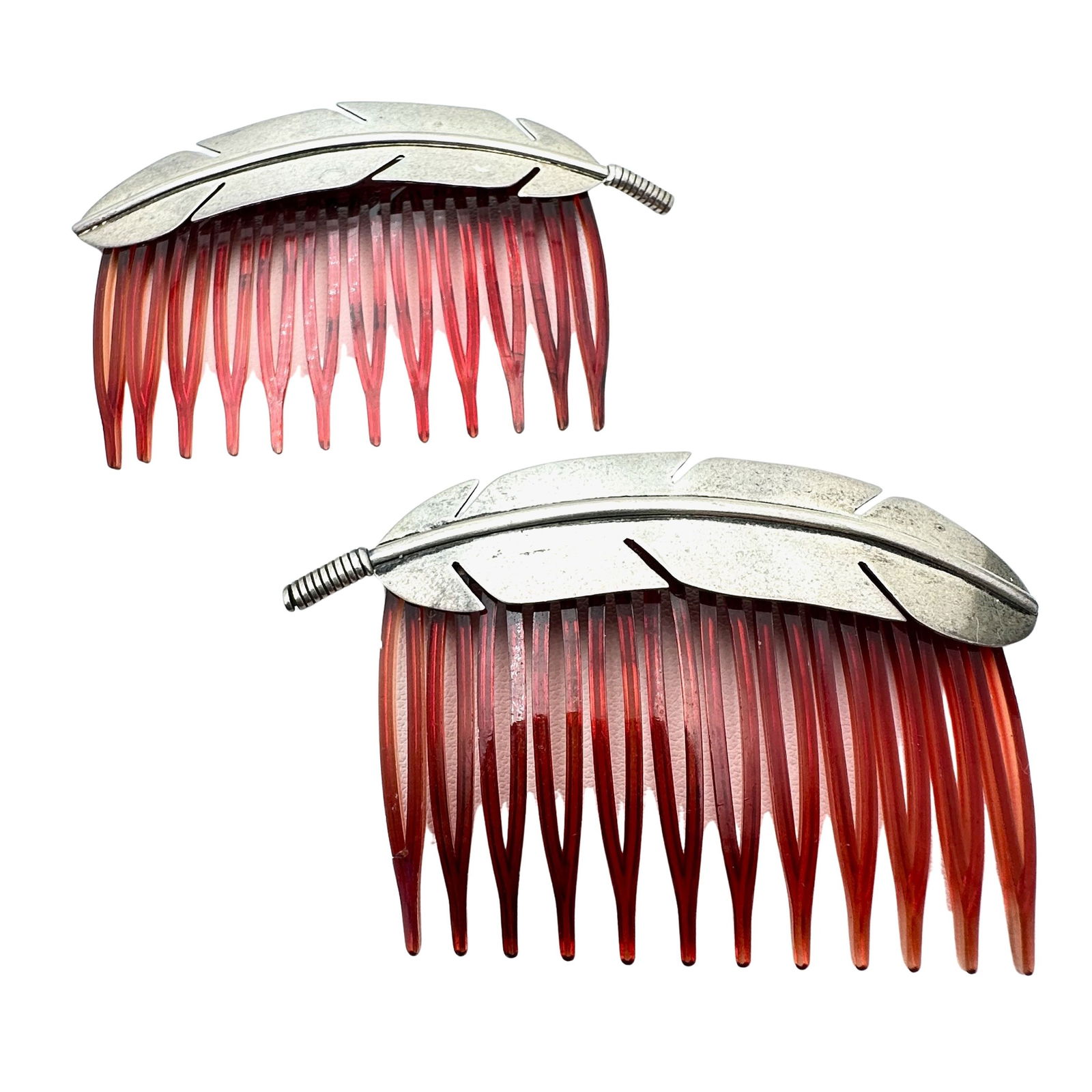 Vintage Native American Sterling Silver Set of Hair Combs Feather Design (1 of 2)