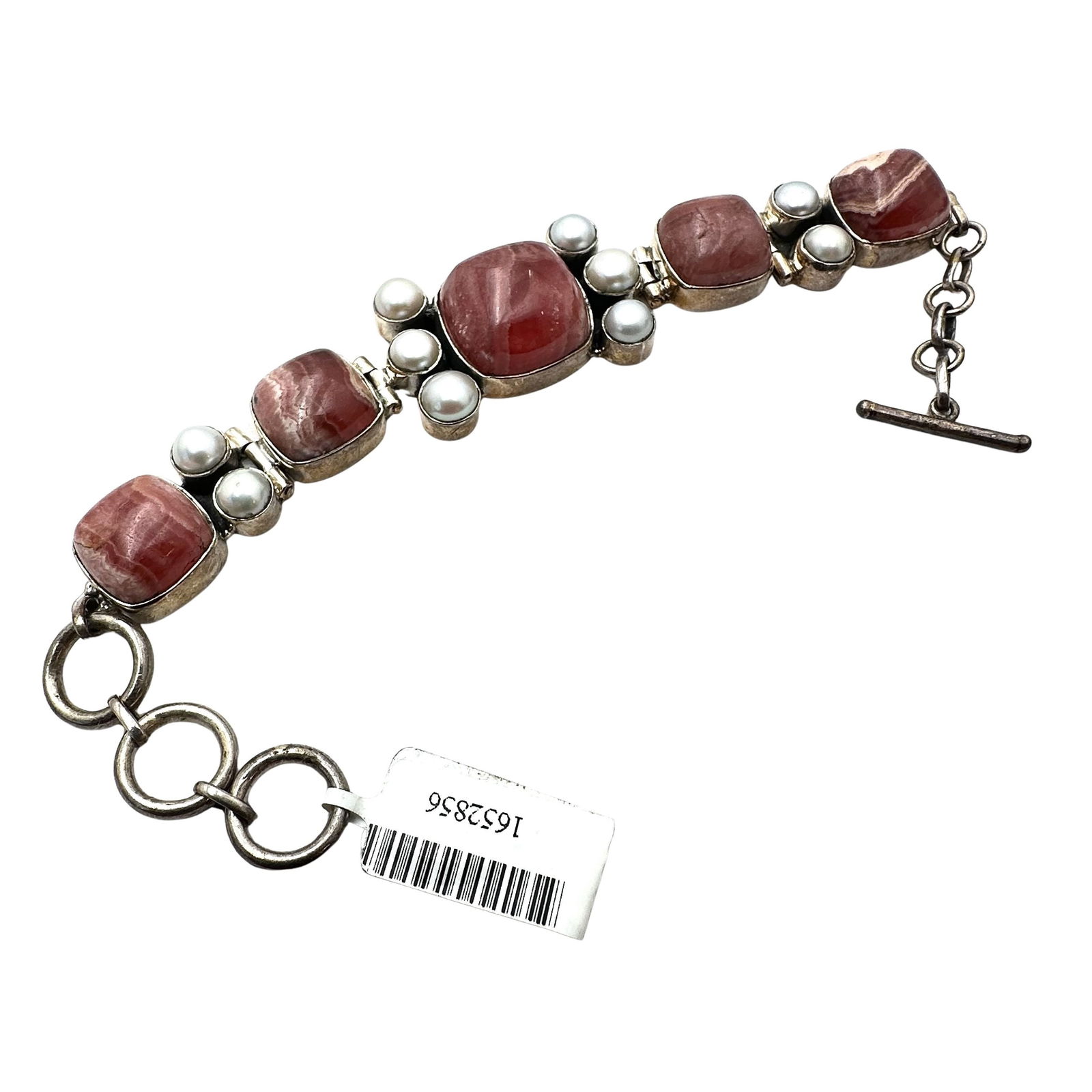 Pink Rhodochrosite And Pearl Sterling Silver Bracelet Fits Up to 7.5 Inch Weight 37 Grams: Pink Rhodochrosite And Pearl Sterling Silver Bracelet Fits Up to 7.5 Inch Weight 37 Grams