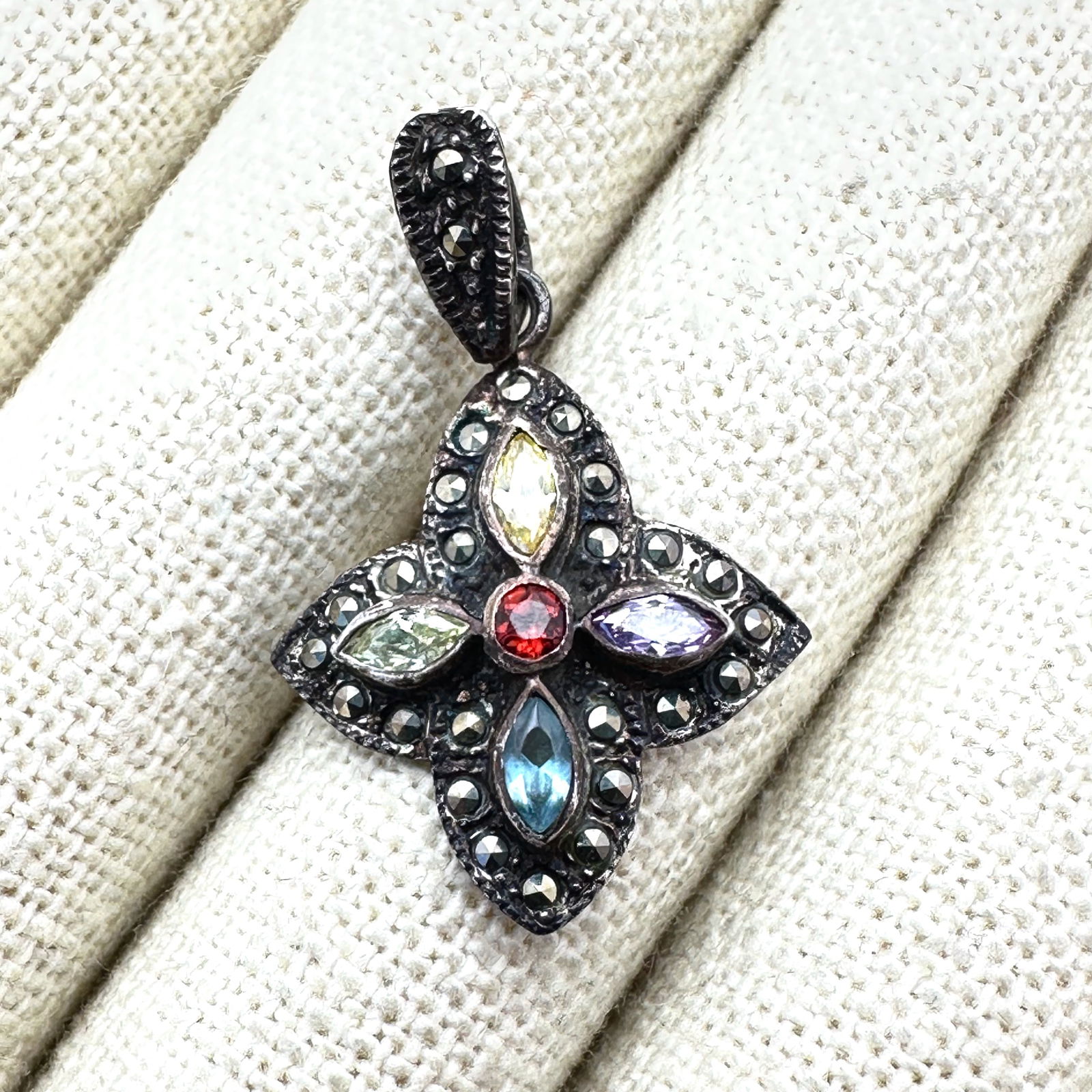 Multi Gemstone Marcasite Maltese Cross Sterling Silver Pendant 1.25 Inch: Multi Gemstone Marcasite Maltese Cross Sterling Silver Pendant 1.25 Inch
