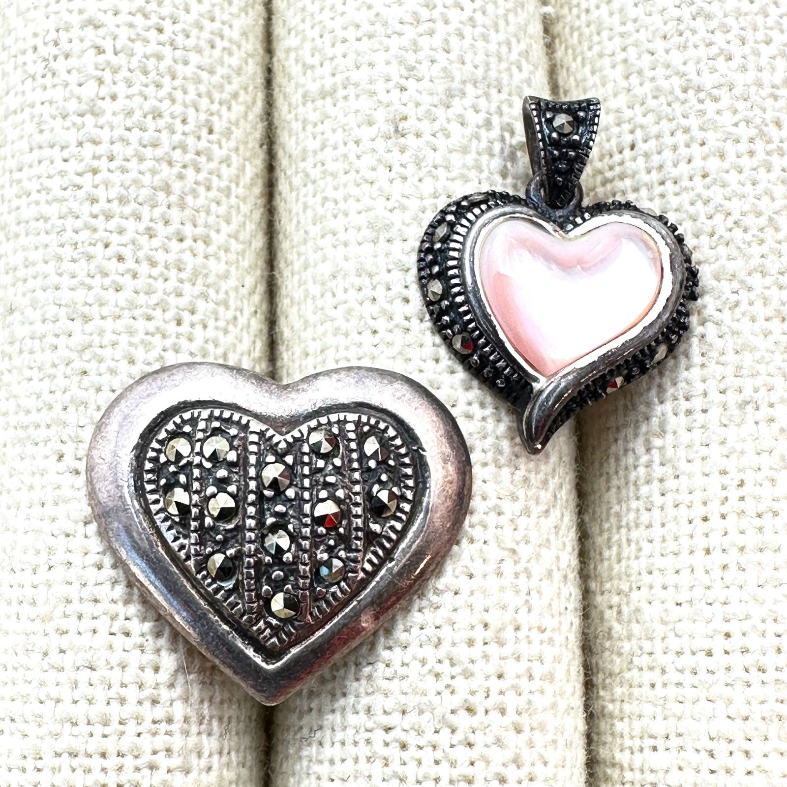Group of Two Marcasite Sterling Silver Heart Pendants: Group of Two Marcasite Sterling Silver Heart Pendants
