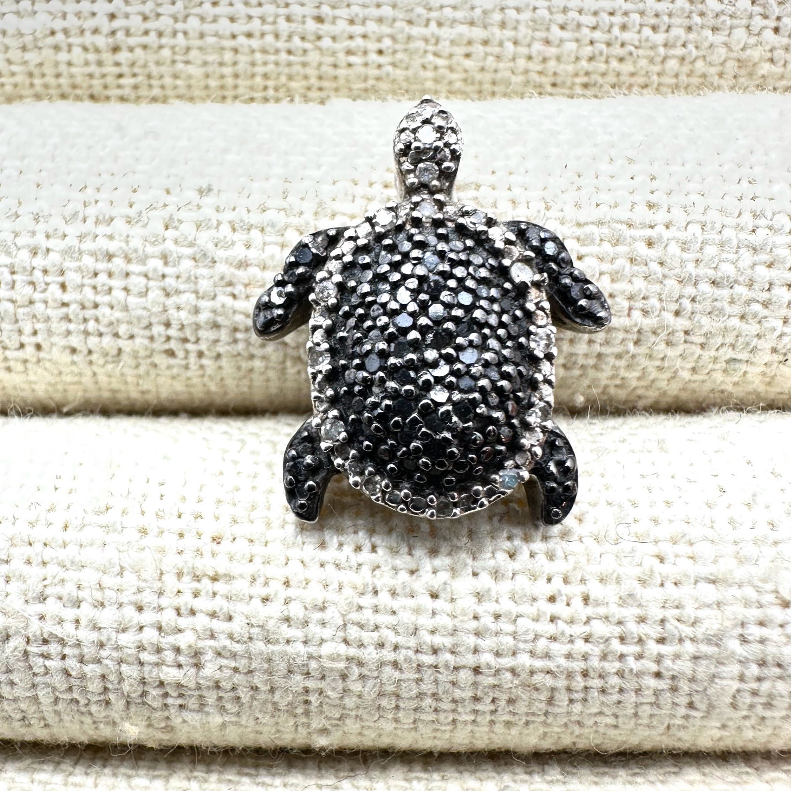 Black and Clear Diamond Sterling Silver Turtle Pendant 3/4 Inch (1 of 2)