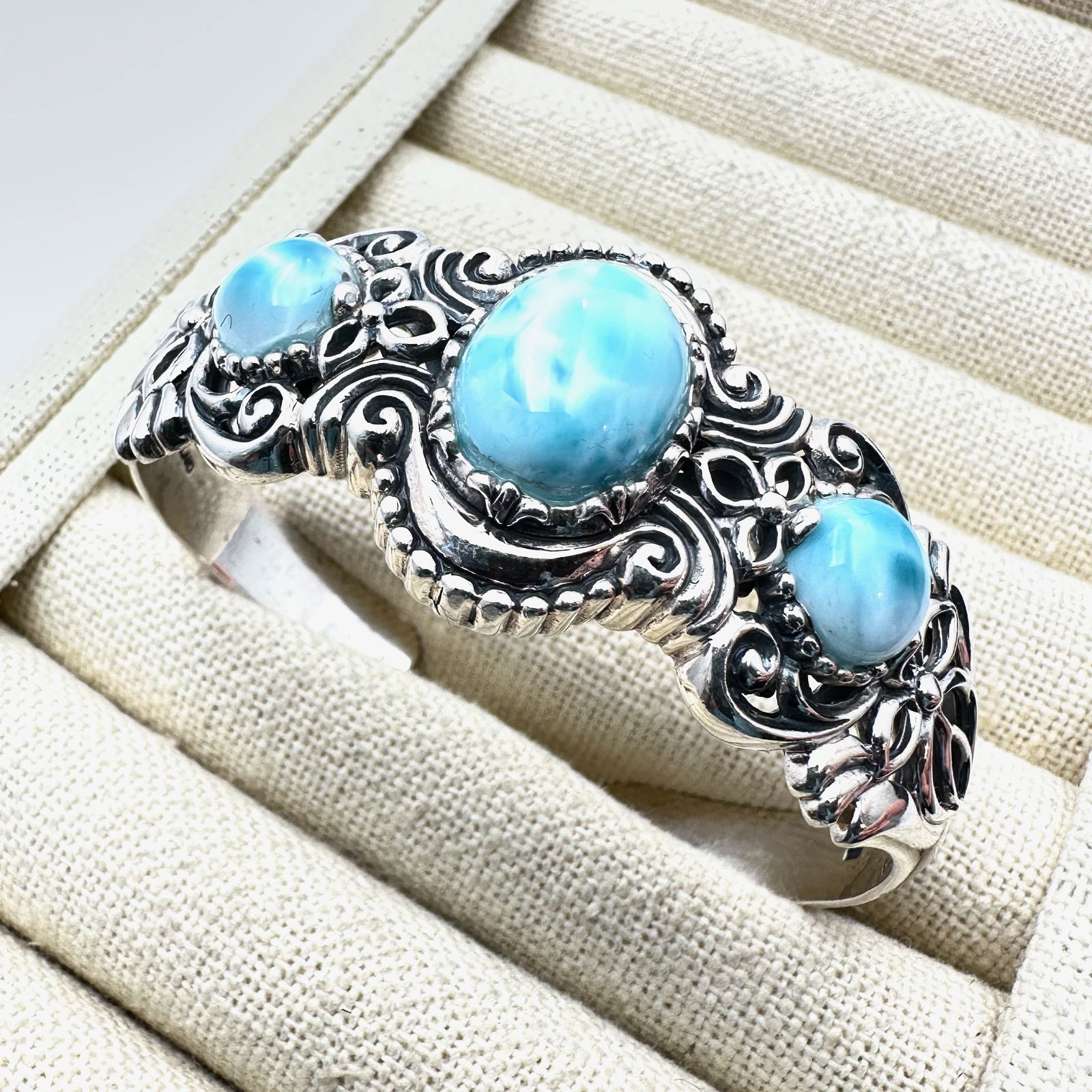 Blue Larimar Gemstone Sterling Silver Cuff Bracelet 6 3/4 Inch Weight 43 Grams Heavy Quality Made (1 of 2)