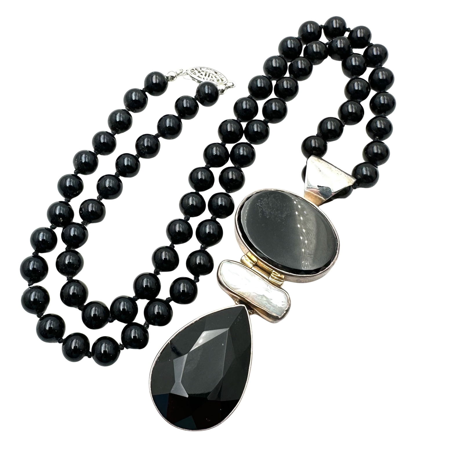 Black Onyx Pearl Sterling Silver 3 Inch Pendant 22 Inch Bead Necklace Weight 87 Grams (1 of 2)