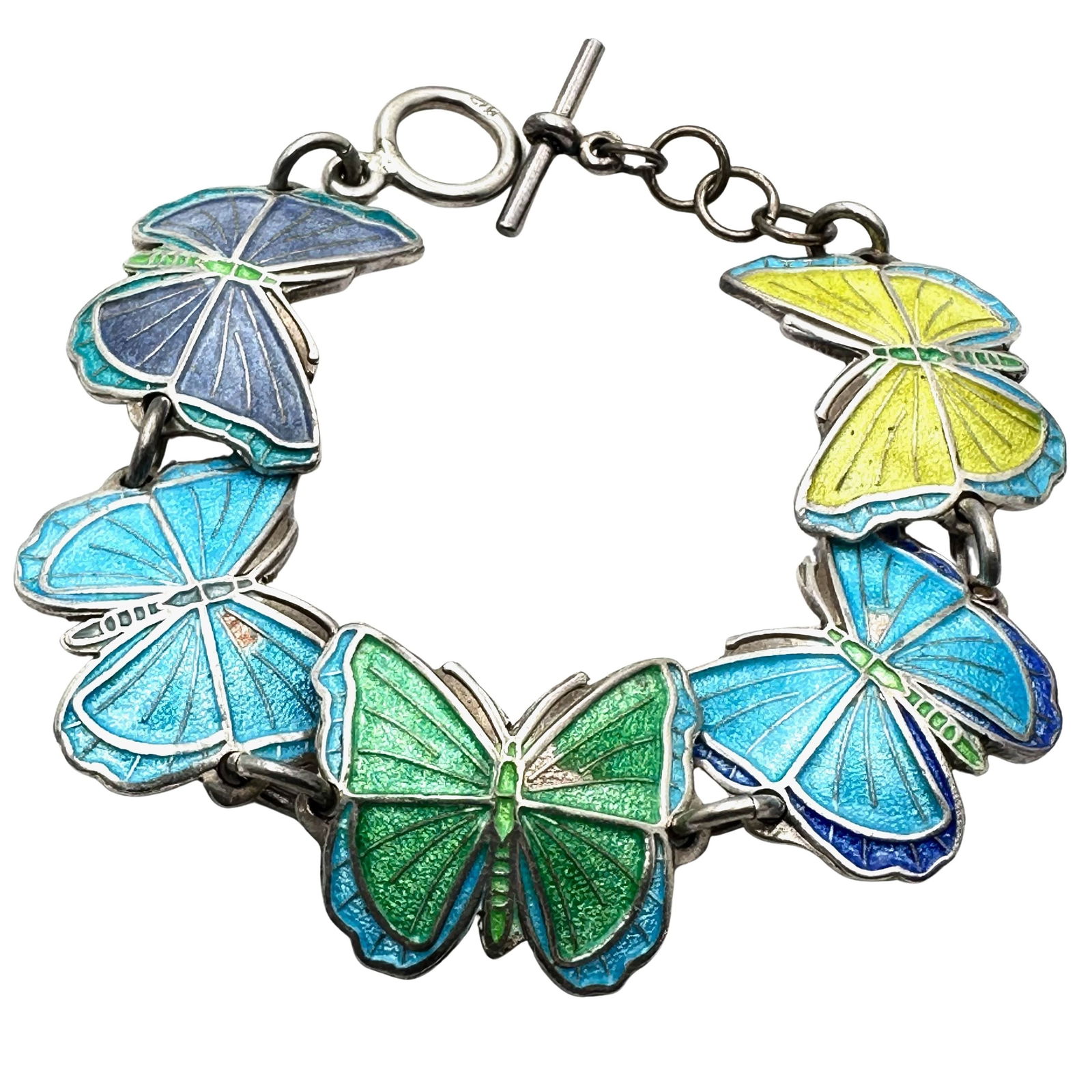 Multicolor Enamel Butterfly Sterling Silver Bracelet 7.25 Inch Weight 38 Grams Two Small Blue Spots: Multicolor Enamel Butterfly Sterling Silver Bracelet 7.25 Inch Weight 38 Grams Two Small Blue Spots Missing Enamel