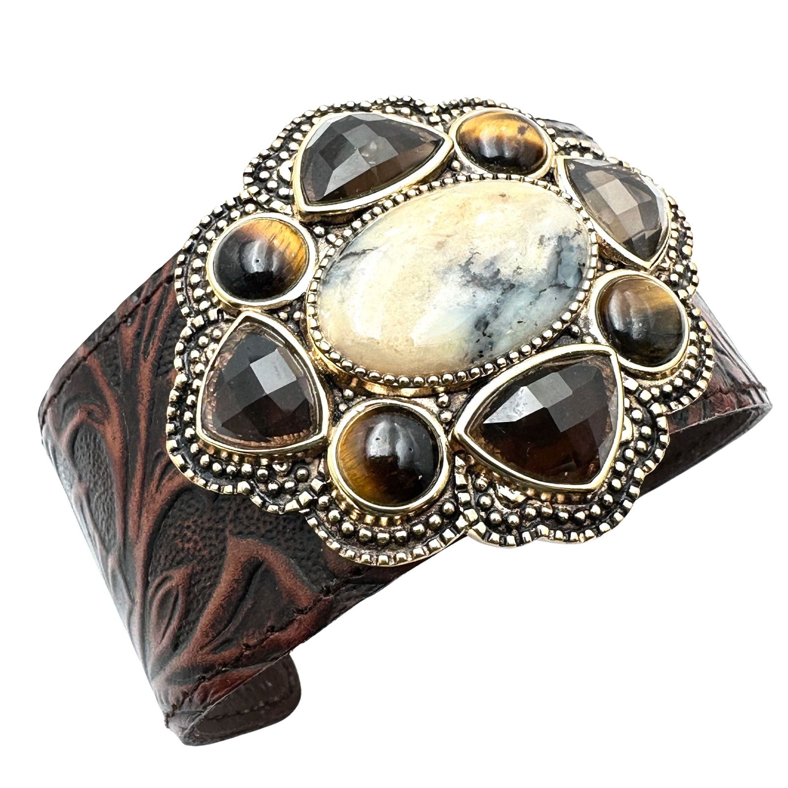 Barse Multi Gemstone Leather Cuff Bronze Bracelet Pristine Condition (1 of 2)