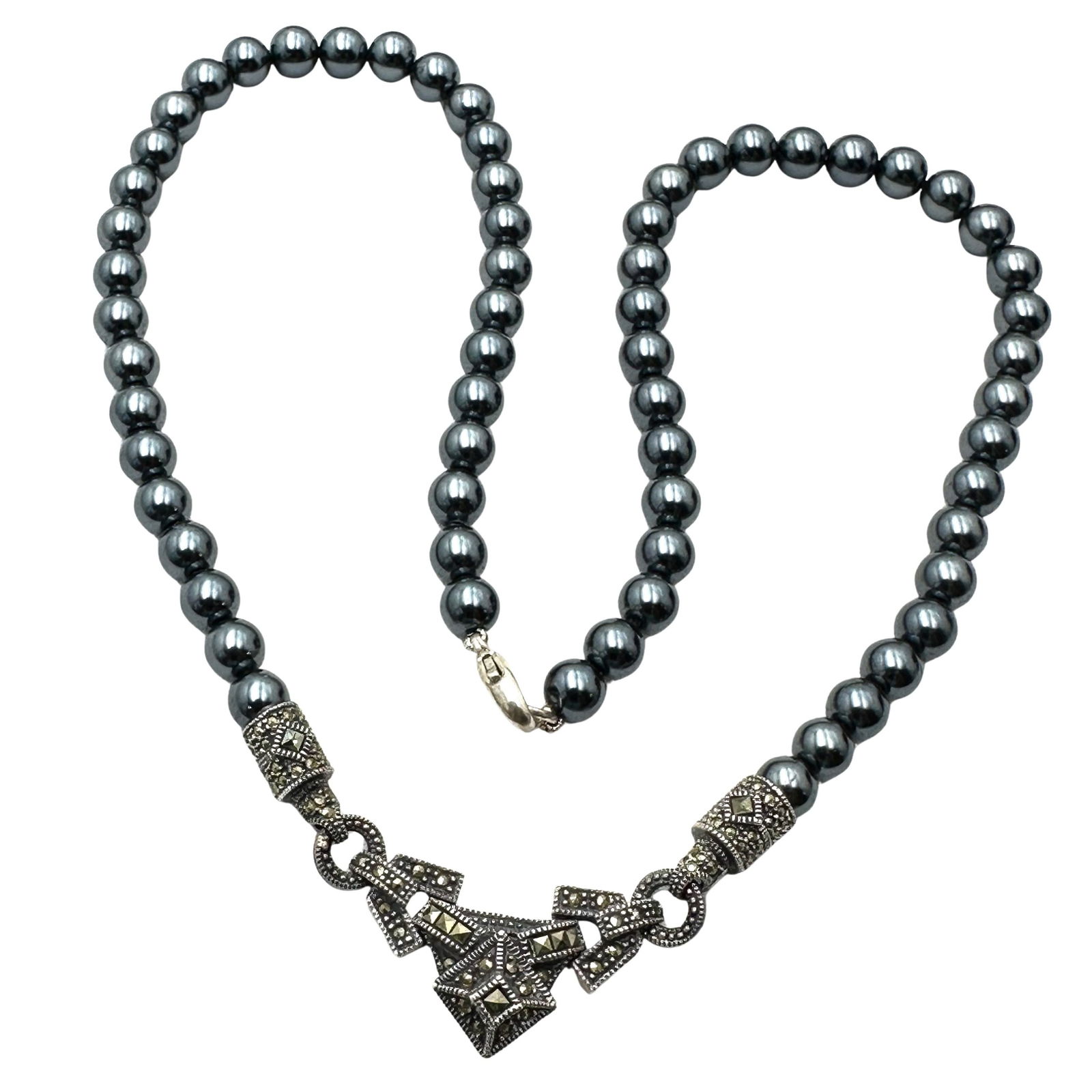 Marcasite Black Pearl Sterling Silver Necklace 17 Inch: Marcasite Black Pearl Sterling Silver Necklace 17 Inch