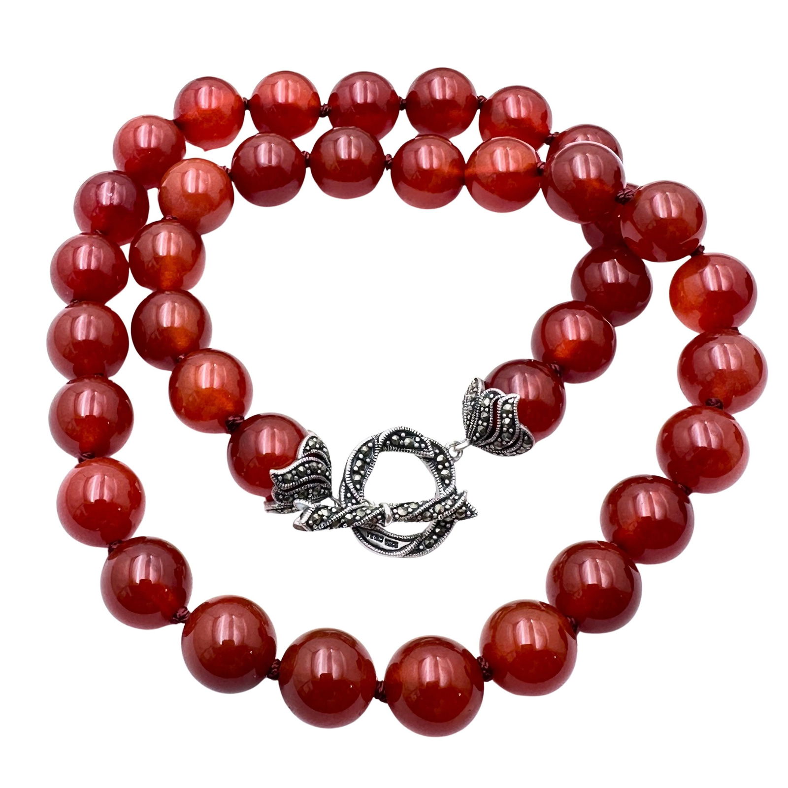 Carnelian Gemstone Bead Marcasite Sterling Silver Toggle Necklace 18 Inch (1 of 2)