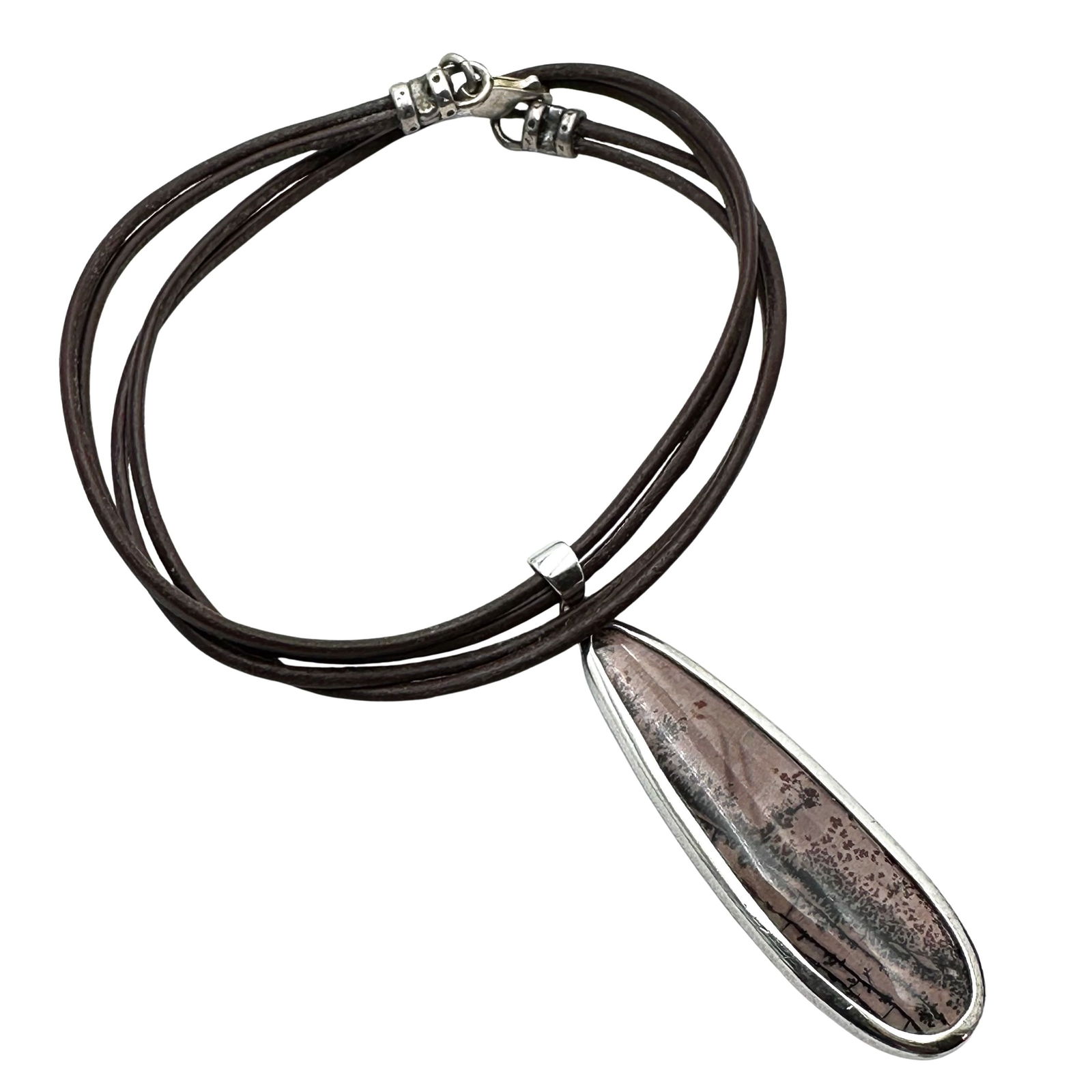 Pink Brown Gemstone Sterling Silver Pendant Brown Leather Necklace 18 Inch (1 of 2)