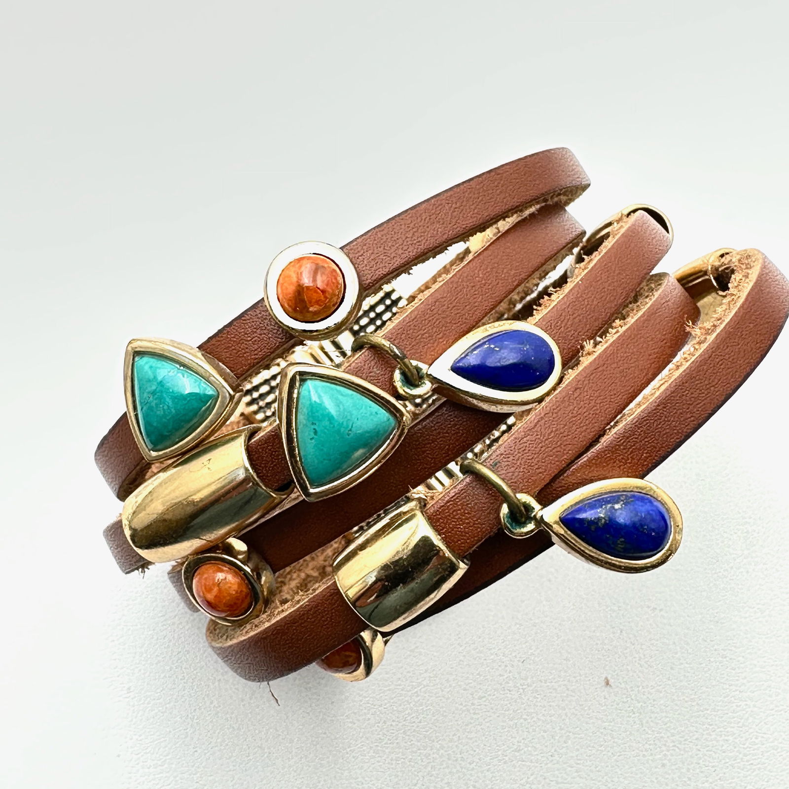 Barse Multi Gemstone Leather Cuff Bronze Bracelet Pristine Condition (1 of 2)
