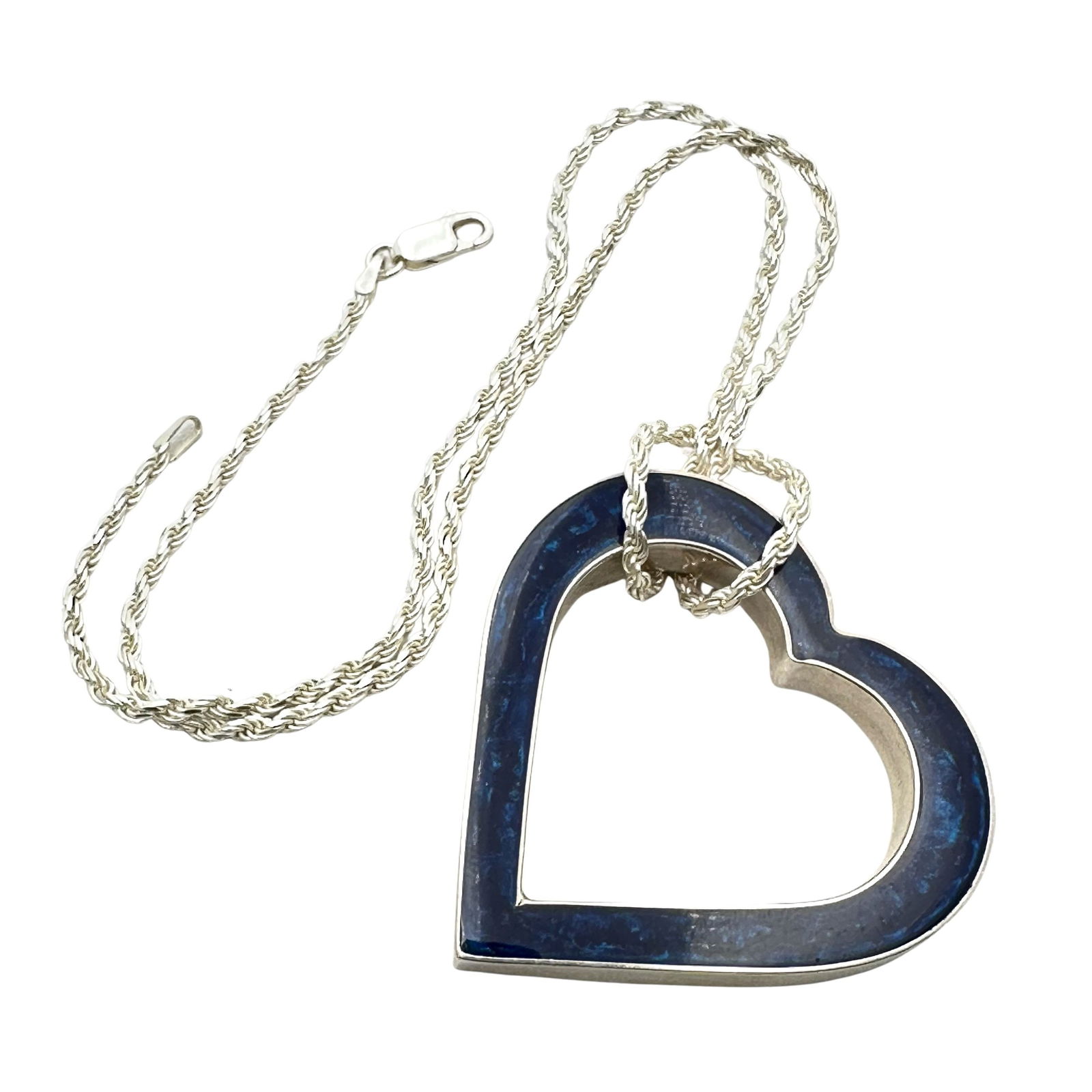 Inlay Lapis Lazuli Sterling Silver Large Heart Pendant 18 Inch Rope Chain Weight 28 Grams: Inlay Lapis Lazuli Sterling Silver Large Heart Pendant 18 Inch Rope Chain Weight 28 Grams