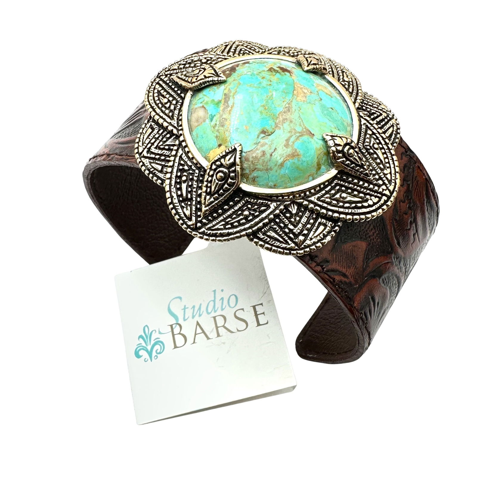 Barse Turquoise Bronze Embossed Leather Wide Cuff Bracelet Pristine Condition: Barse Turquoise Bronze Embossed Leather Wide Cuff Bracelet Pristine Condition