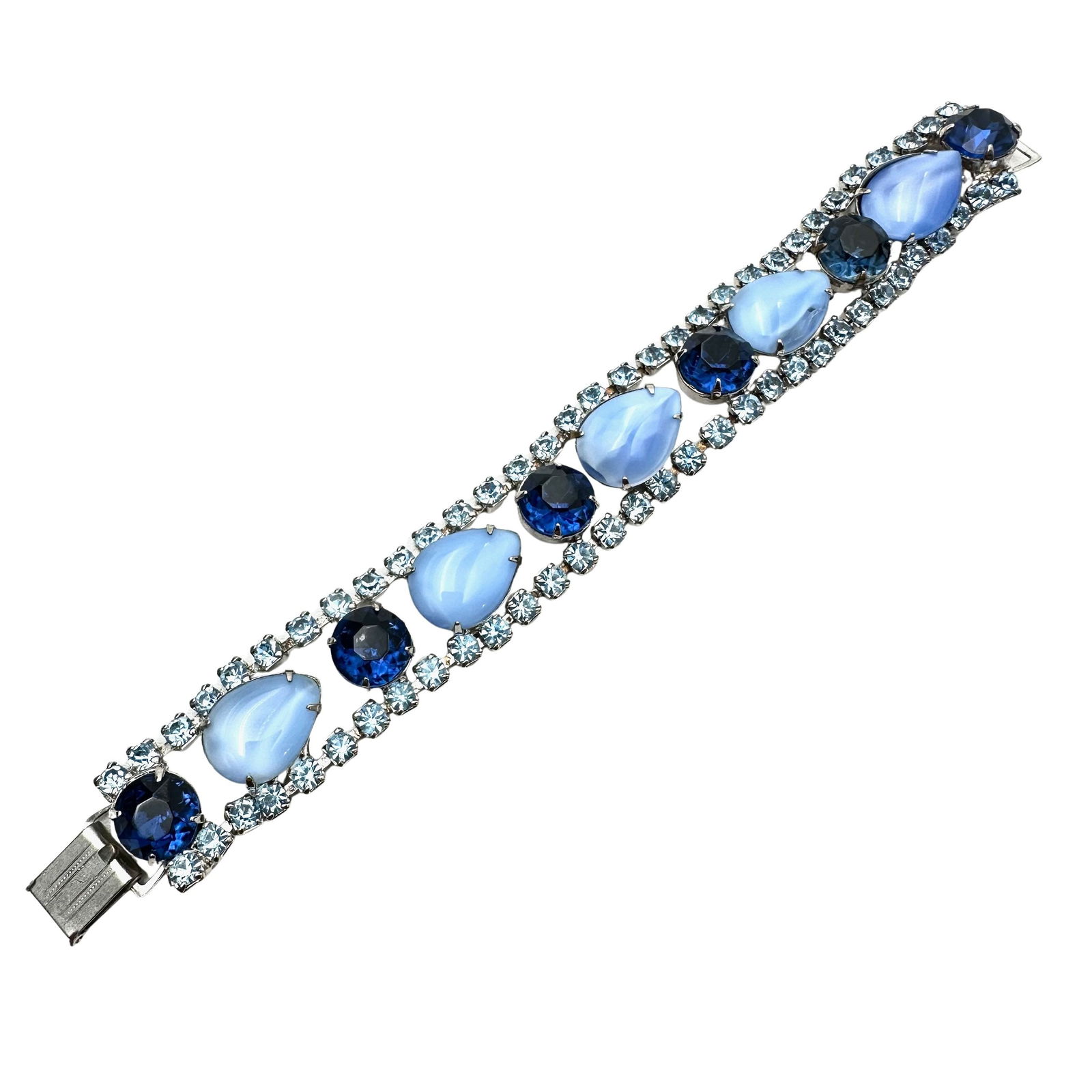 Vintage High End Blue Glass Rhinestone Silver Tone Bracelet 7 Inch (1 of 2)