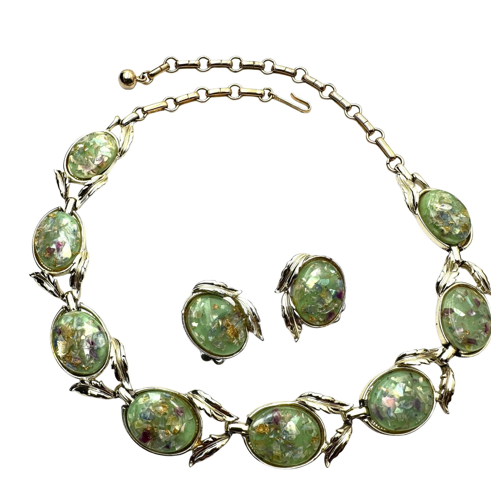 Vintage Coro Green Confetti Lucite Gold tone Necklace 16 Inch And Clip Earrings Set (1 of 2)