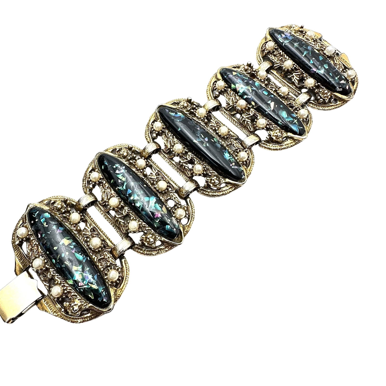Vintage Unsigned Selro Selini Blue Confetti Lucite Faux Pearl 2 Inch Wide Gold tone Bracelet 7.5: Vintage Unsigned Selro Selini Blue Confetti Lucite Faux Pearl 2 Inch Wide Gold tone Bracelet 7.5 Inch