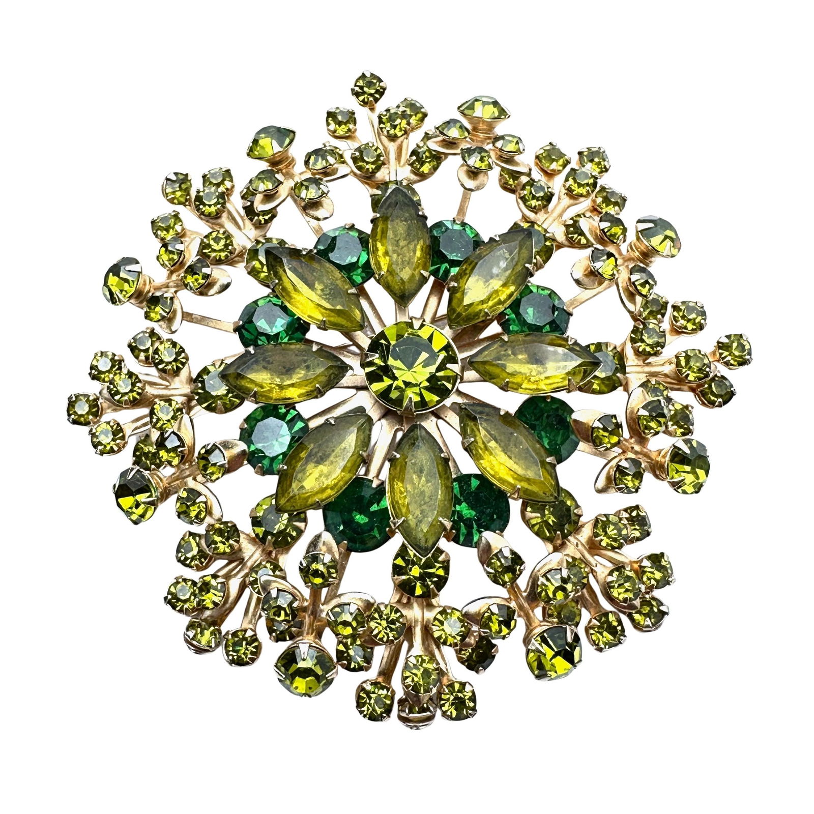 Vintage Large High End Unsigned Olive Green Glass Rhinestone Gold Tone Brooch Pin 3 Inch: Vintage Large High End Unsigned Olive Green Glass Rhinestone Gold Tone Brooch Pin 3 Inch