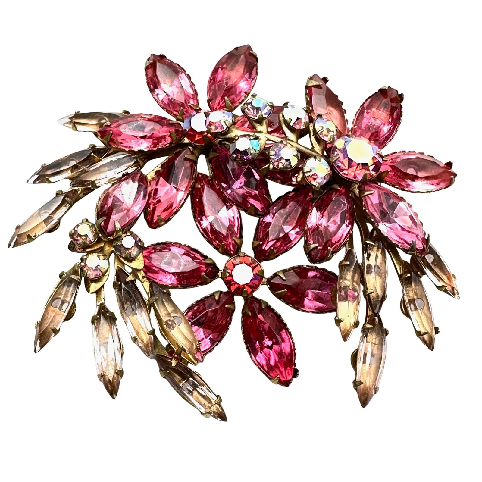 Vintage Unsigned Shades of Pink Glass Rhinestone Gold Tone Brooch Pin 2.5 Inch: Vintage Unsigned Shades of Pink Glass Rhinestone Gold Tone Brooch Pin 2.5 Inch