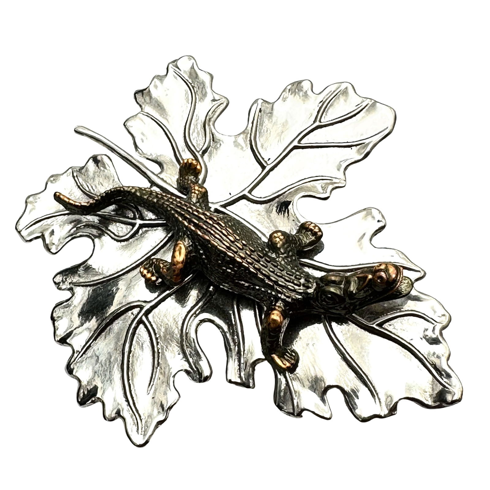 Vintage Signed Silvia Dahl Alligator on Leaf 3 Inch Brooch Pin Clip Silver Tone: Vintage Signed Silvia Dahl Alligator on Leaf 3 Inch Brooch Pin Clip Silver Tone