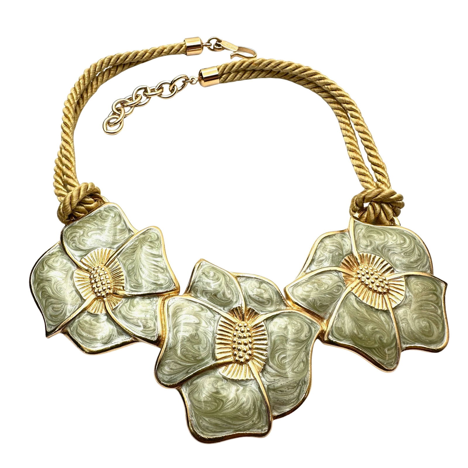 Vintage Monet Large Green Enamel Flower Gold Tone Silk Rope Statement Necklace 16 Inch (1 of 2)