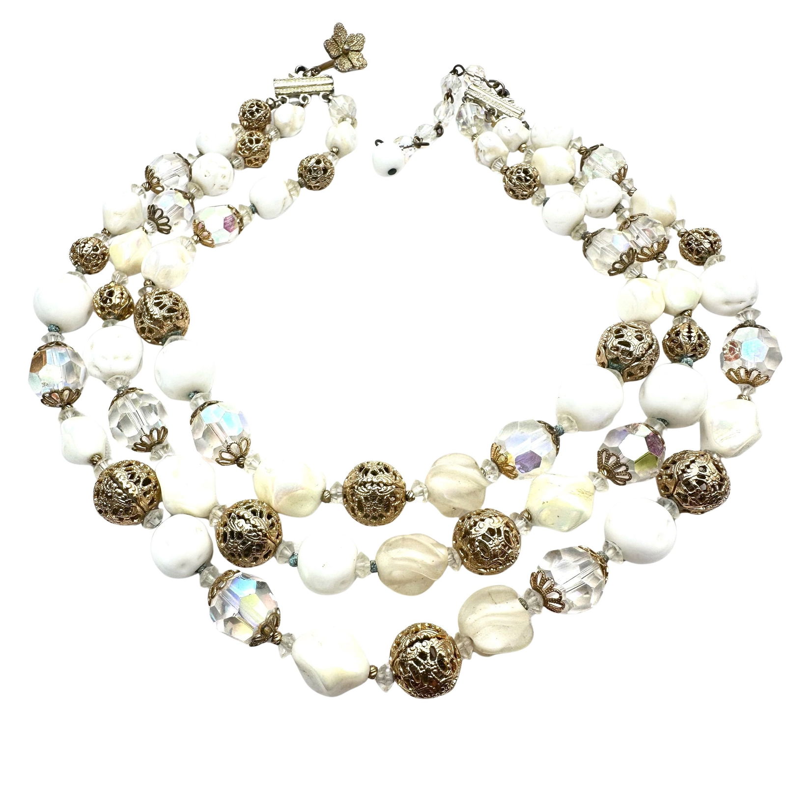 Vintage Vendome White Glass Bead Gold Tone Filigree Multi Strand 16 Inch Necklace: Vintage Vendome White Glass Bead Gold Tone Filigree Multi Strand 16 Inch Necklace