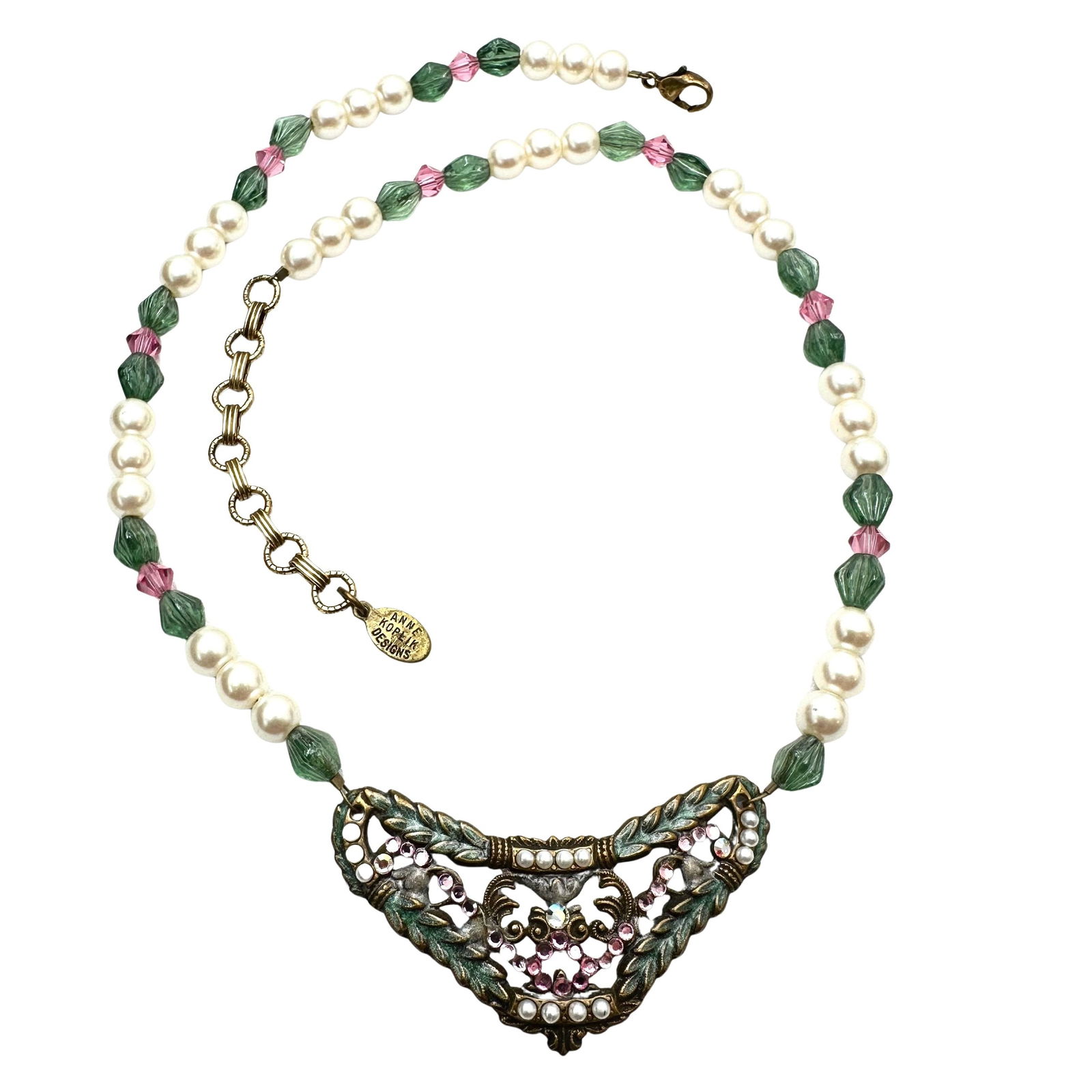 Vintage Anne Koplik Crystal Pearl Antiqued Gold Tone Pendant Necklace 16 to 18 Inch: Vintage Anne Koplik Crystal Pearl Antiqued Gold Tone Pendant Necklace 16 to 18 Inch