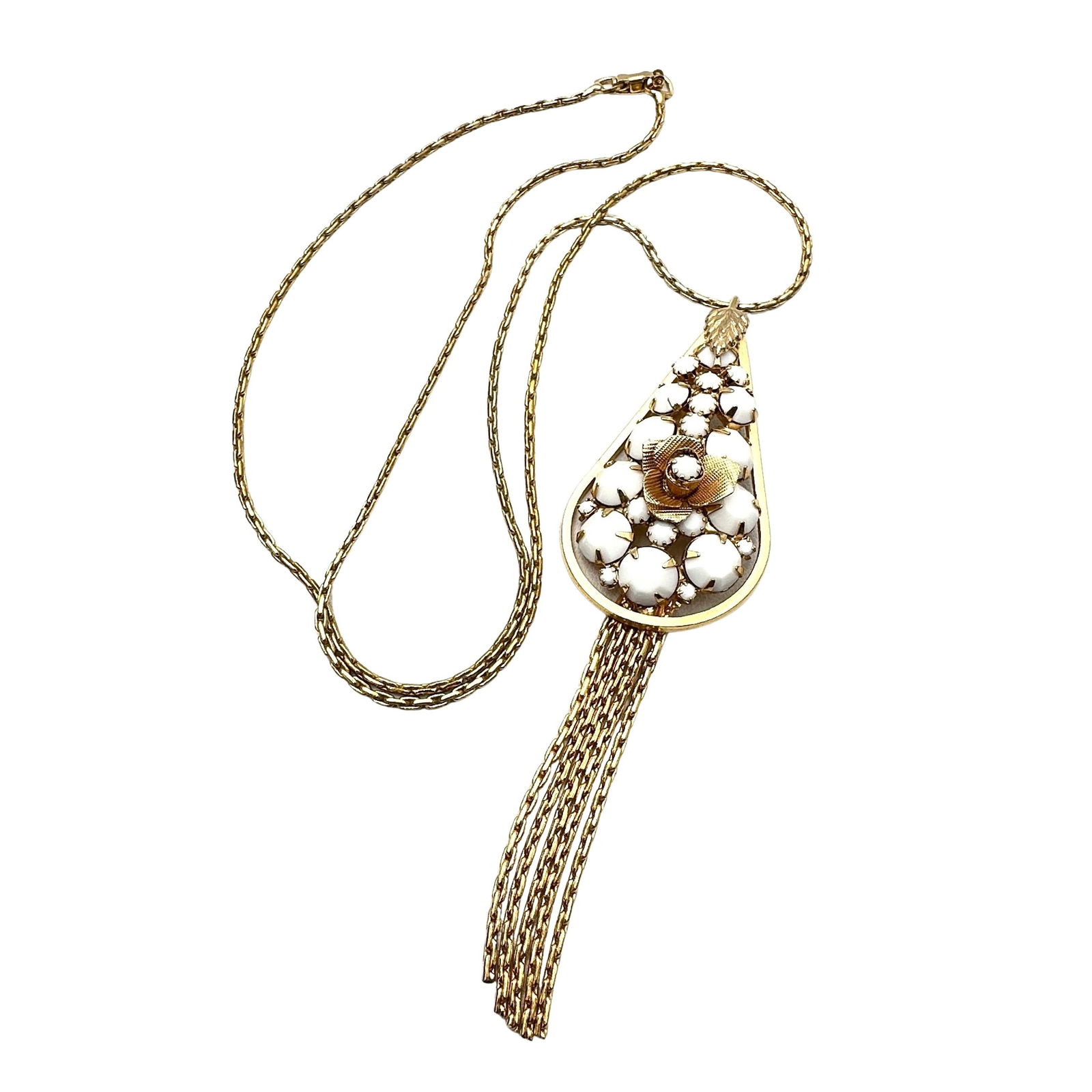 Vintage High End White Milk Glass Rhinestone 4 Inch Tassel Pendant Gold Tone Necklace: Vintage High End White Milk Glass Rhinestone 4 Inch Tassel Pendant Gold Tone Necklace