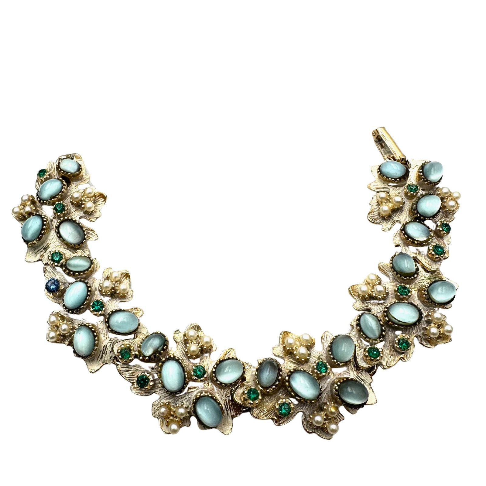 Vintage Unsigned Unique Blue Cats Eye Green Rhinestone Leaf Link Design Enamel Gold Tone Bracelet 7: Vintage Unsigned Unique Blue Cats Eye Green Rhinestone Leaf Link Design Enamel Gold Tone Bracelet 7 Inch
