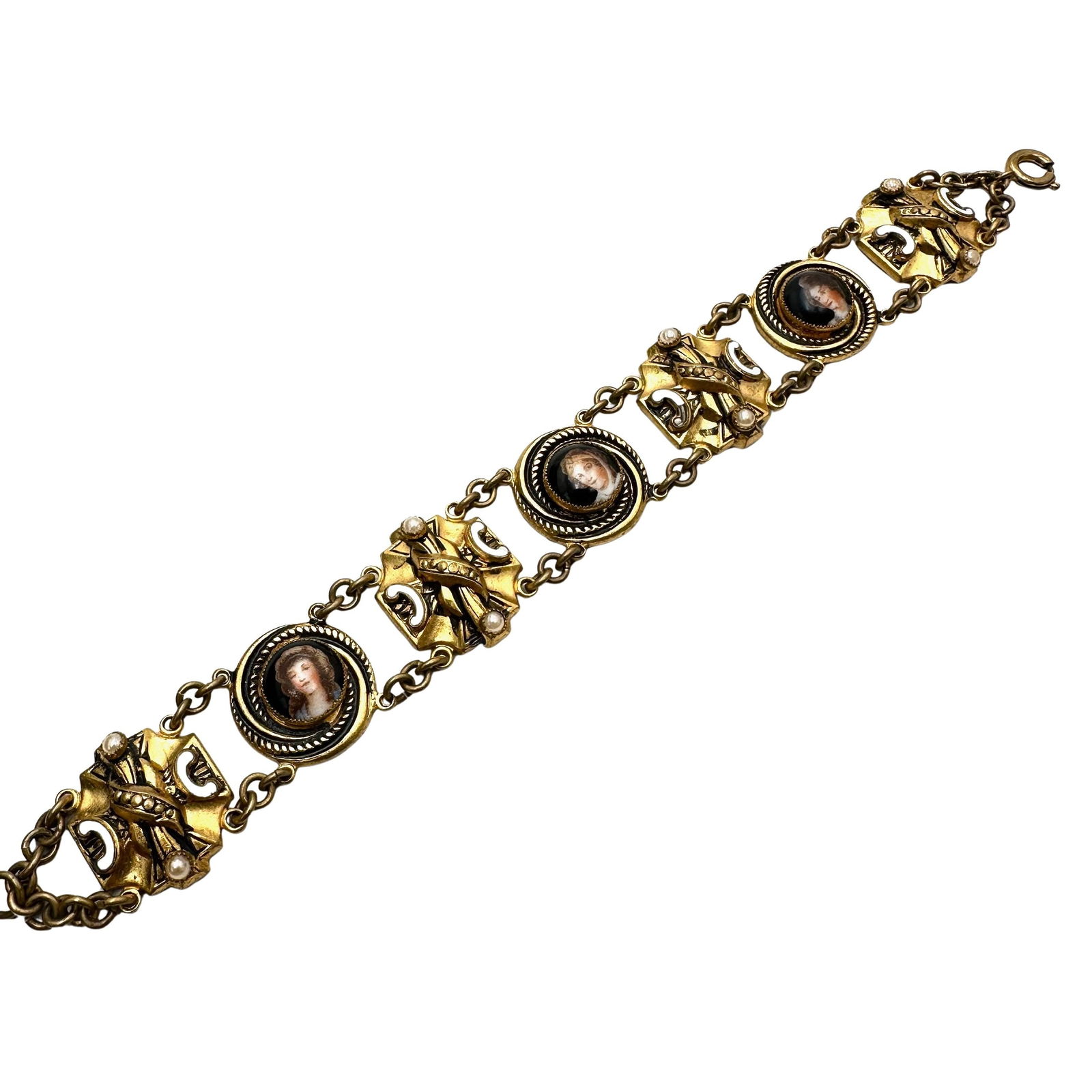 Antique Vintage Painted Portrait Cabochons Enamel Accent Antiqued Gold Tone Bracelet 7 Inch: Antique Vintage Painted Portrait Cabochons Enamel Accent Antiqued Gold Tone Bracelet 7 Inch