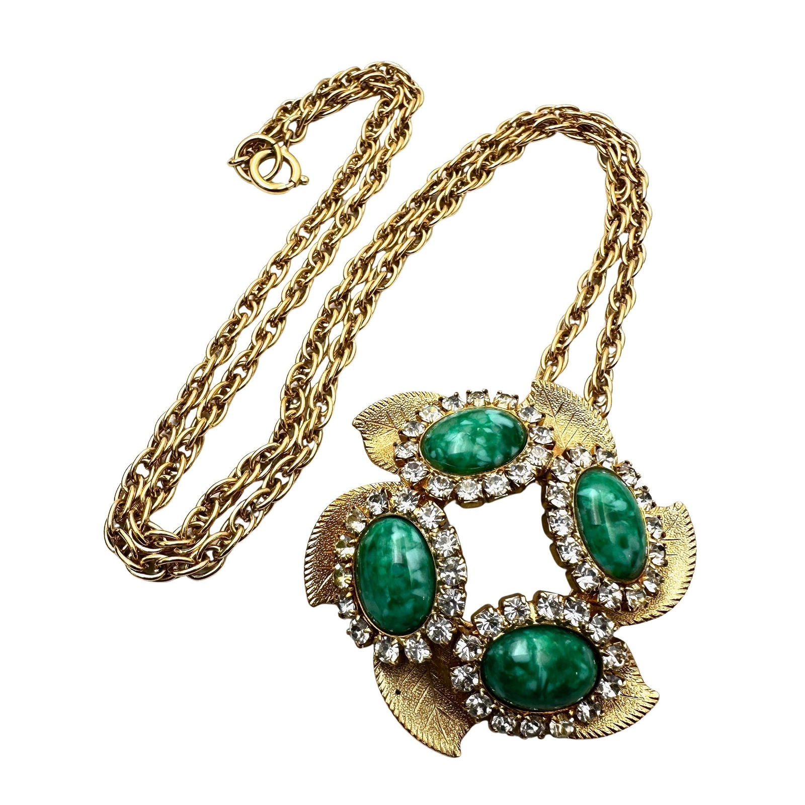 Vintage Green Peking Glass Clear Glass Rhinestone Gold Tone Pendant Necklace 24 Inch Chain: Vintage Green Peking Glass Clear Glass Rhinestone Gold Tone Pendant Necklace 24 Inch Chain
