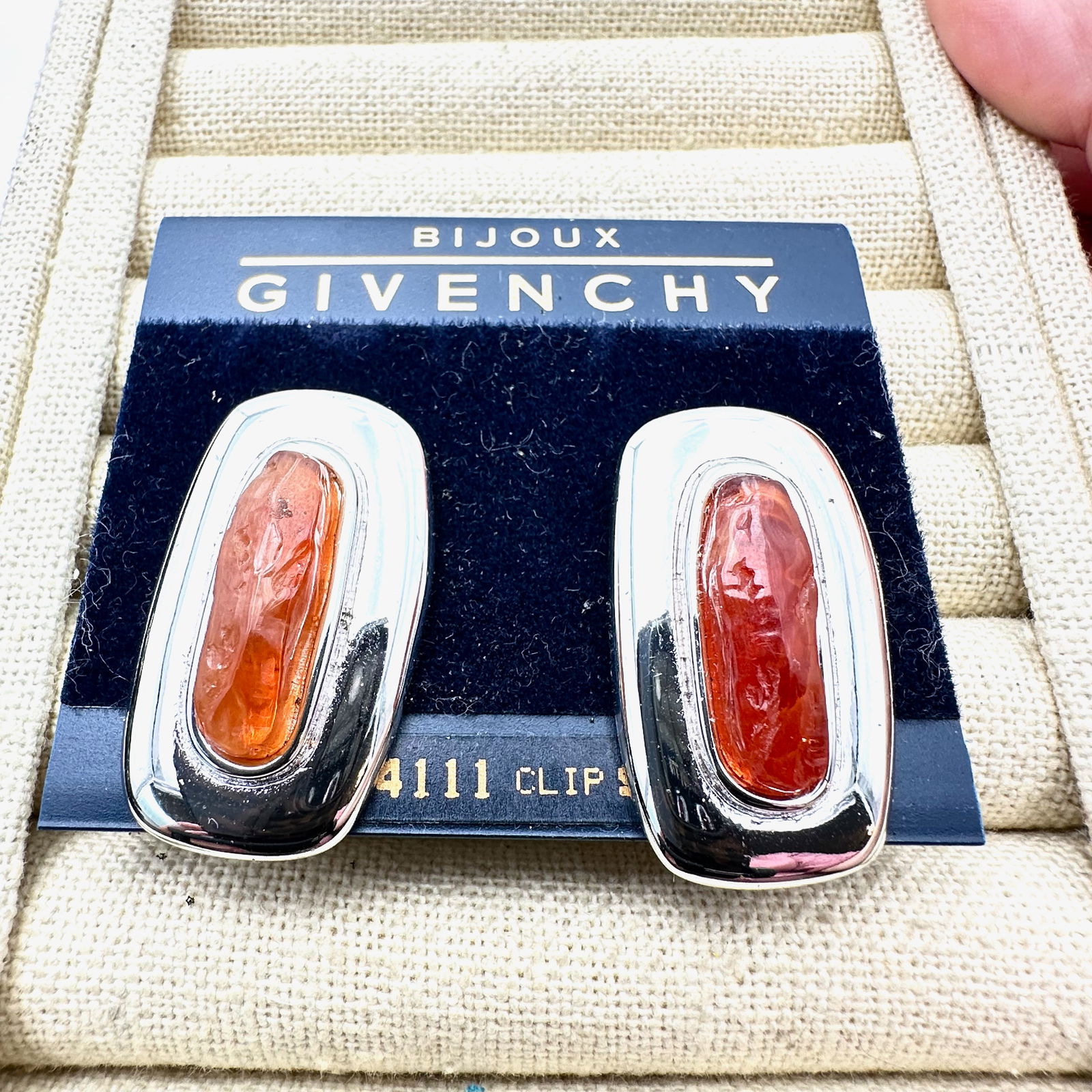 Vintage Bijoux Givenchy Faux Amber Silver Tone Clip Earrings On Original Card: Vintage Bijoux Givenchy Faux Amber Silver Tone Clip Earrings On Original Card