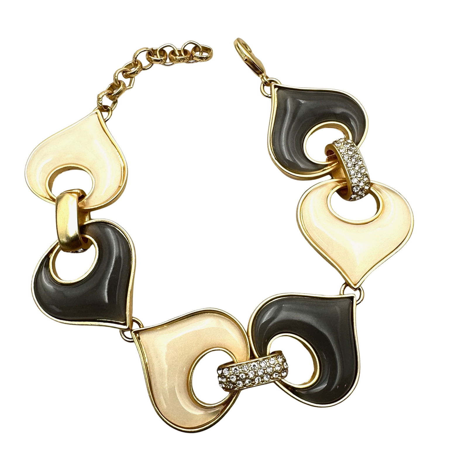 Grey And Beige Enamel Clear Crystal Matte Gold Tone Bracelet Fits up to 8 Inch: Grey And Beige Enamel Clear Crystal Matte Gold Tone Bracelet Fits up to 8 Inch