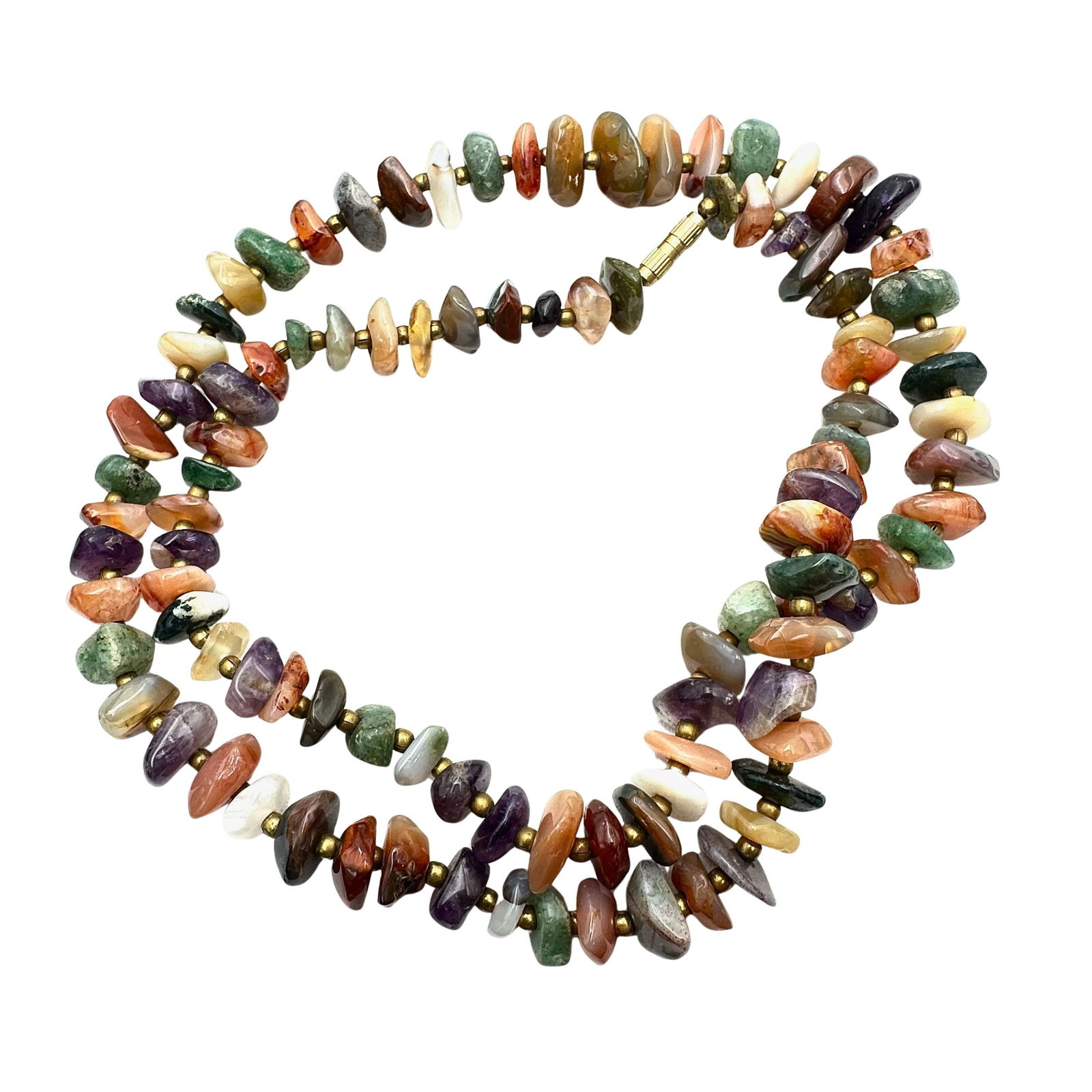 Vintage Multicolor Natural Agate Stone Antiqued Gold Tone Necklace 26 Inch (1 of 2)