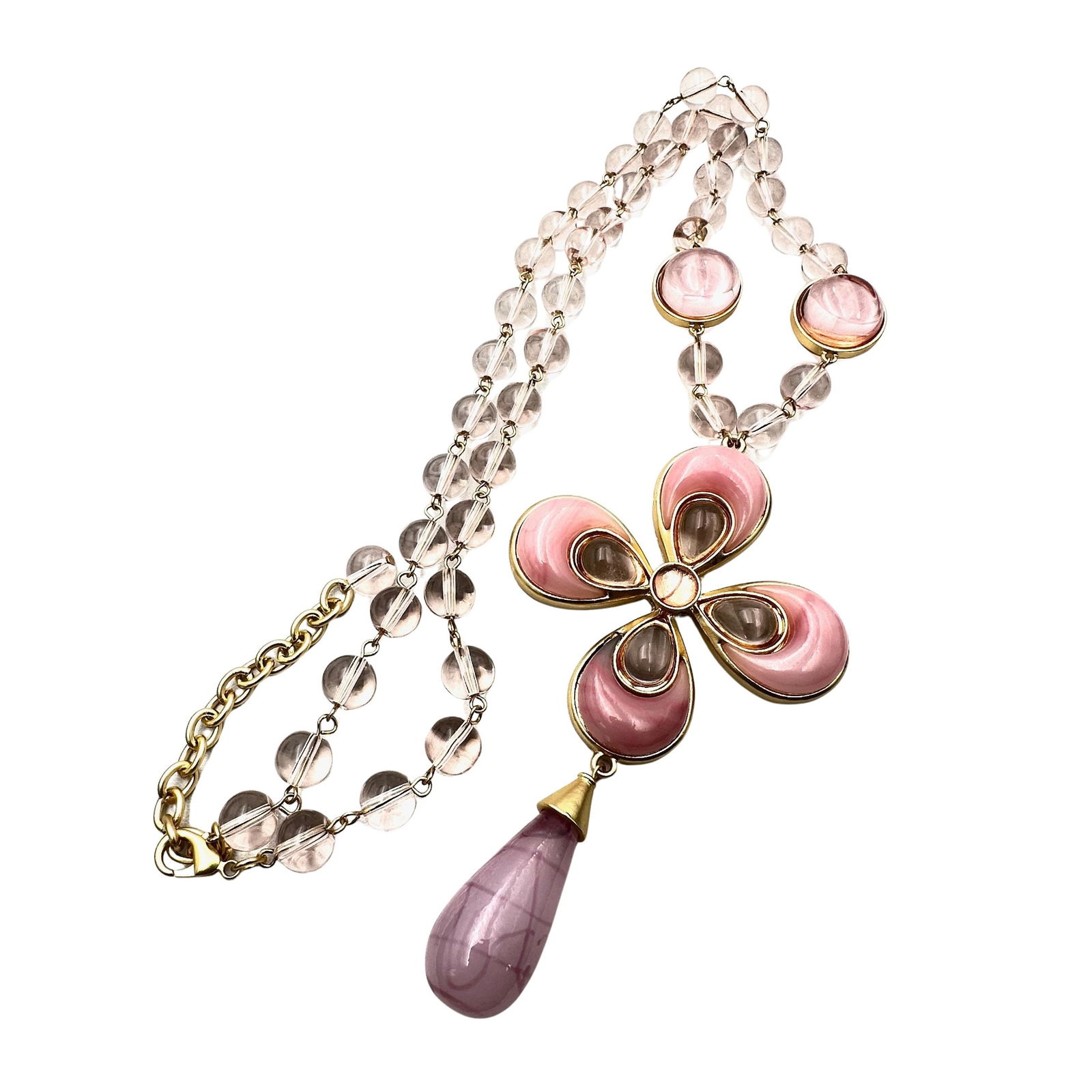 Pink Glass Maltese Cross Pendant Matte Gold Tone 4 Inch Pendant Necklace 28 to 30 Inch: Pink Glass Maltese Cross Pendant Matte Gold Tone 4 Inch Pendant Necklace 28 to 30 Inch