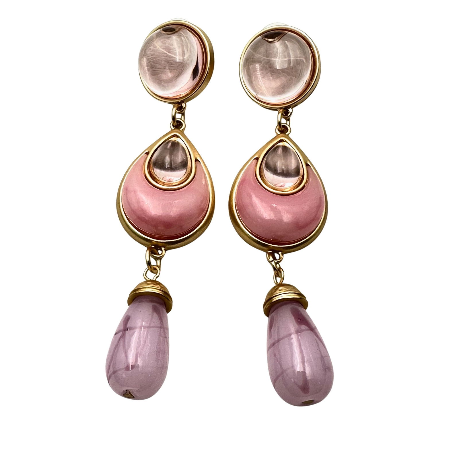 Pink Glass Matte Gold Tone Pierced Chandelier Earrings 3 Inch Length (1 of 2)