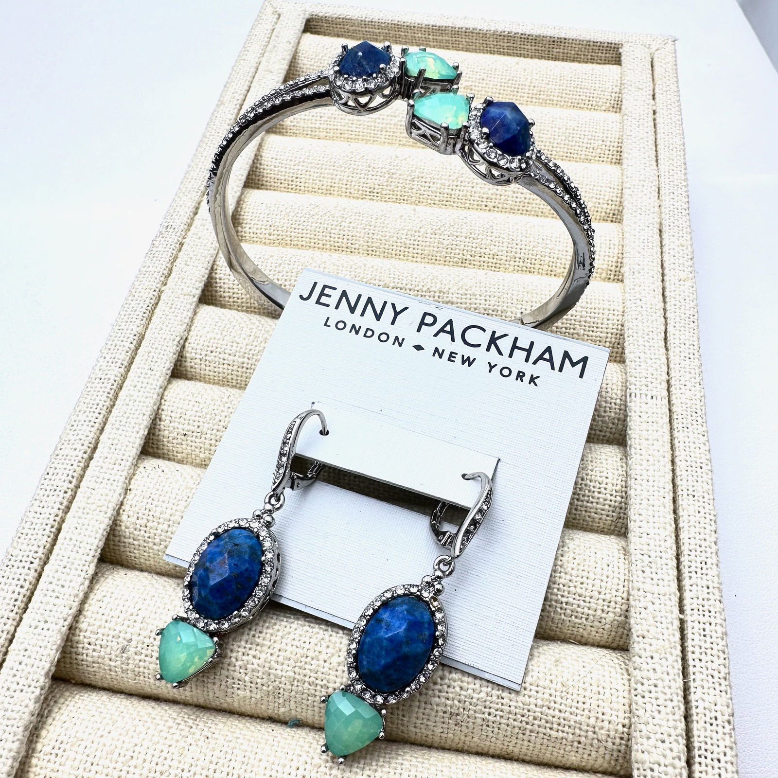 Jenny Packham London New York Blue Green Earrings and Hinged Bangle Bracelet Set: Jenny Packham London New York Blue Green Earrings and Hinged Bangle Bracelet Set
