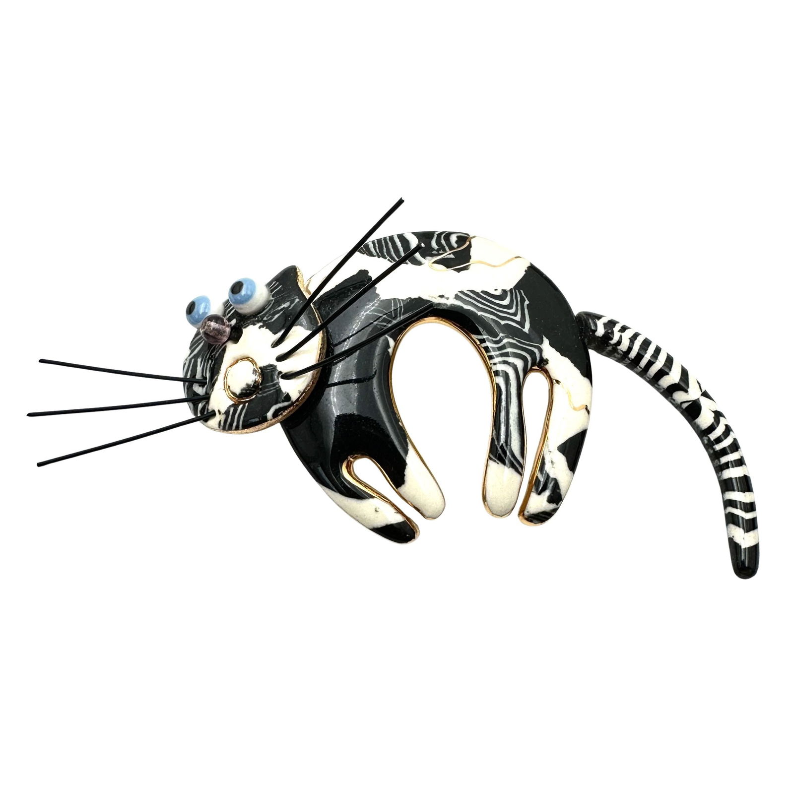 Vintage Artisan Black White Articulated Kitty Cat Brooch Pin 3 Inch: Vintage Artisan Black White Articulated Kitty Cat Brooch Pin 3 Inch