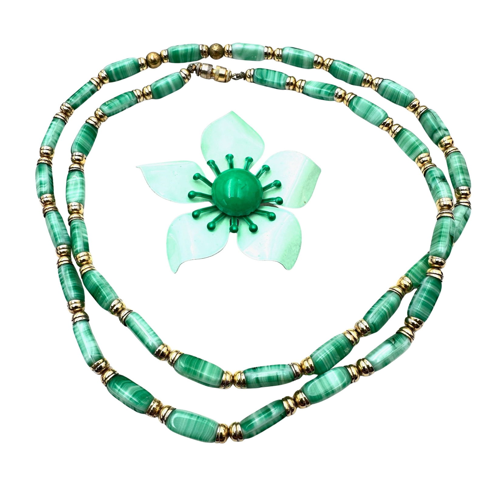 Vintage Green Swirl Glass Gold tone Necklace and Retro Green Flower Brooch Pin: Vintage Green Swirl Glass Gold tone Necklace and Retro Green Flower Brooch Pin