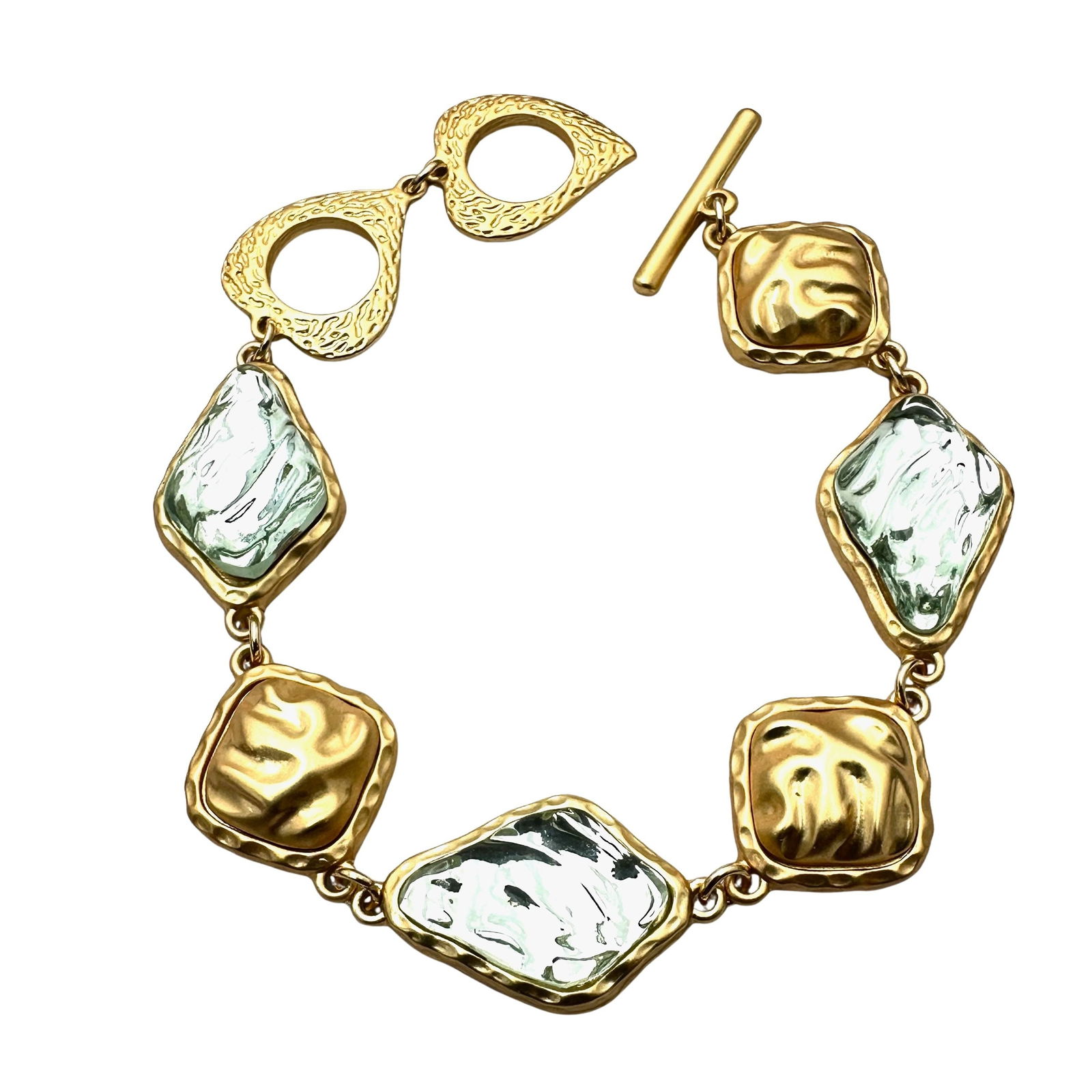 Aqua Blue Matte Gold Tone Toggle Clasp Bracelet Fits up to 8 Inch: Aqua Blue Matte Gold Tone Toggle Clasp Bracelet Fits up to 8 Inch