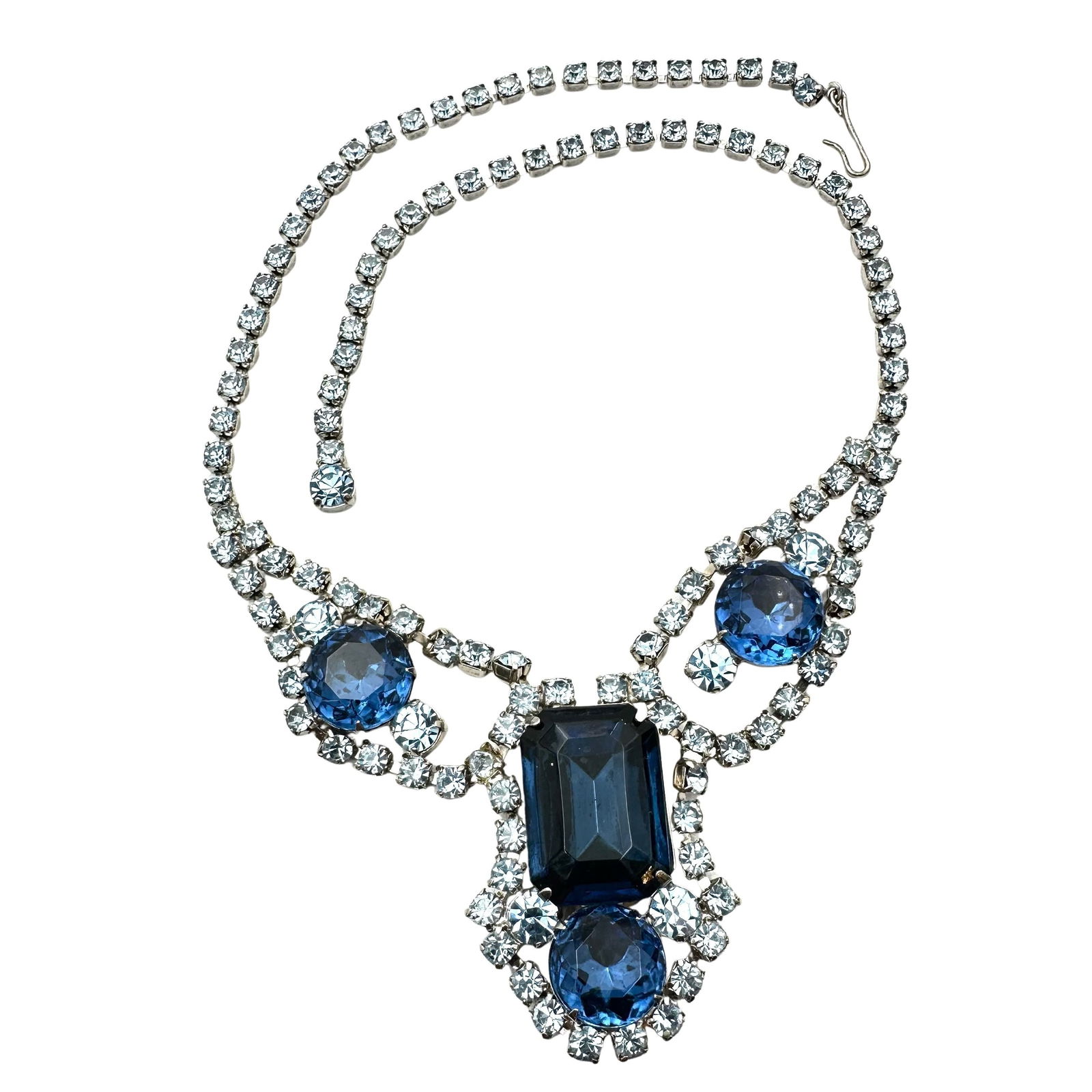 Vintage High End Blue Glass Rhinestone Silver Tone Necklace 16 Inch (1 of 2)