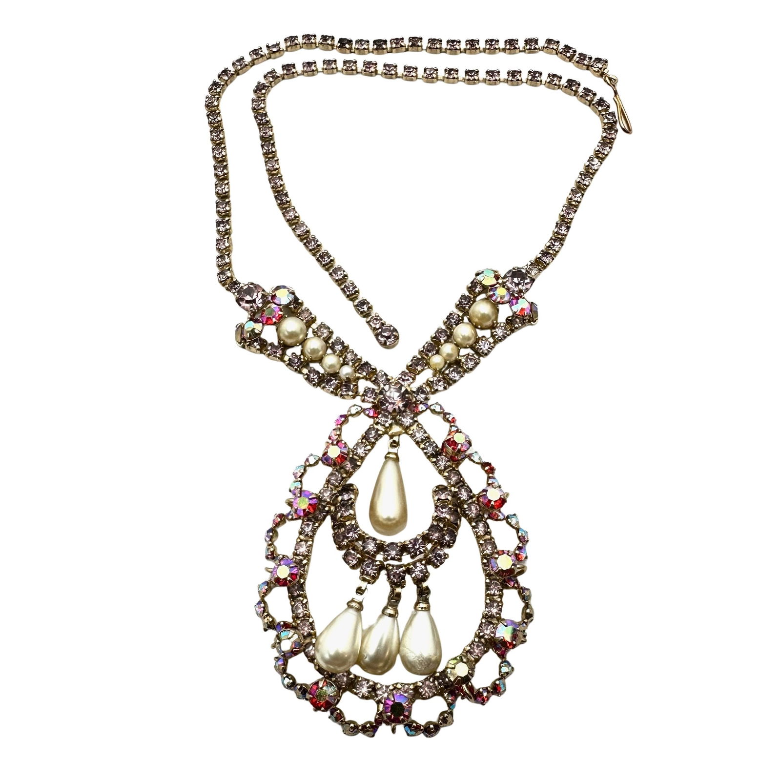 Vintage High End Pink Glass Rhinestone Faux Pearl Gold Tone Pendant Necklace: Vintage High End Pink Glass Rhinestone Faux Pearl Gold Tone Pendant Necklace