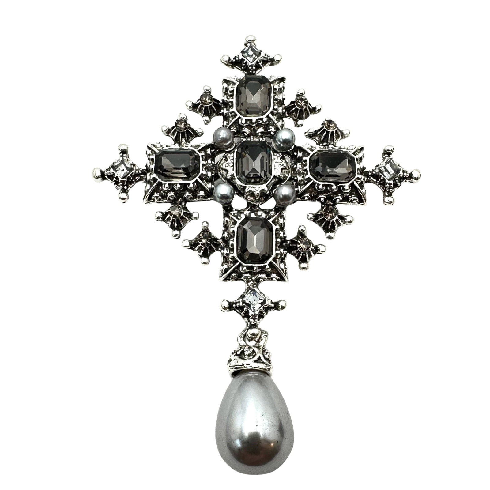 Grey Rhinestone Faux Pearl Maltese Cross Silver Tone Brooch pin 3 Inch: Grey Rhinestone Faux Pearl Maltese Cross Silver Tone Brooch pin 3 Inch