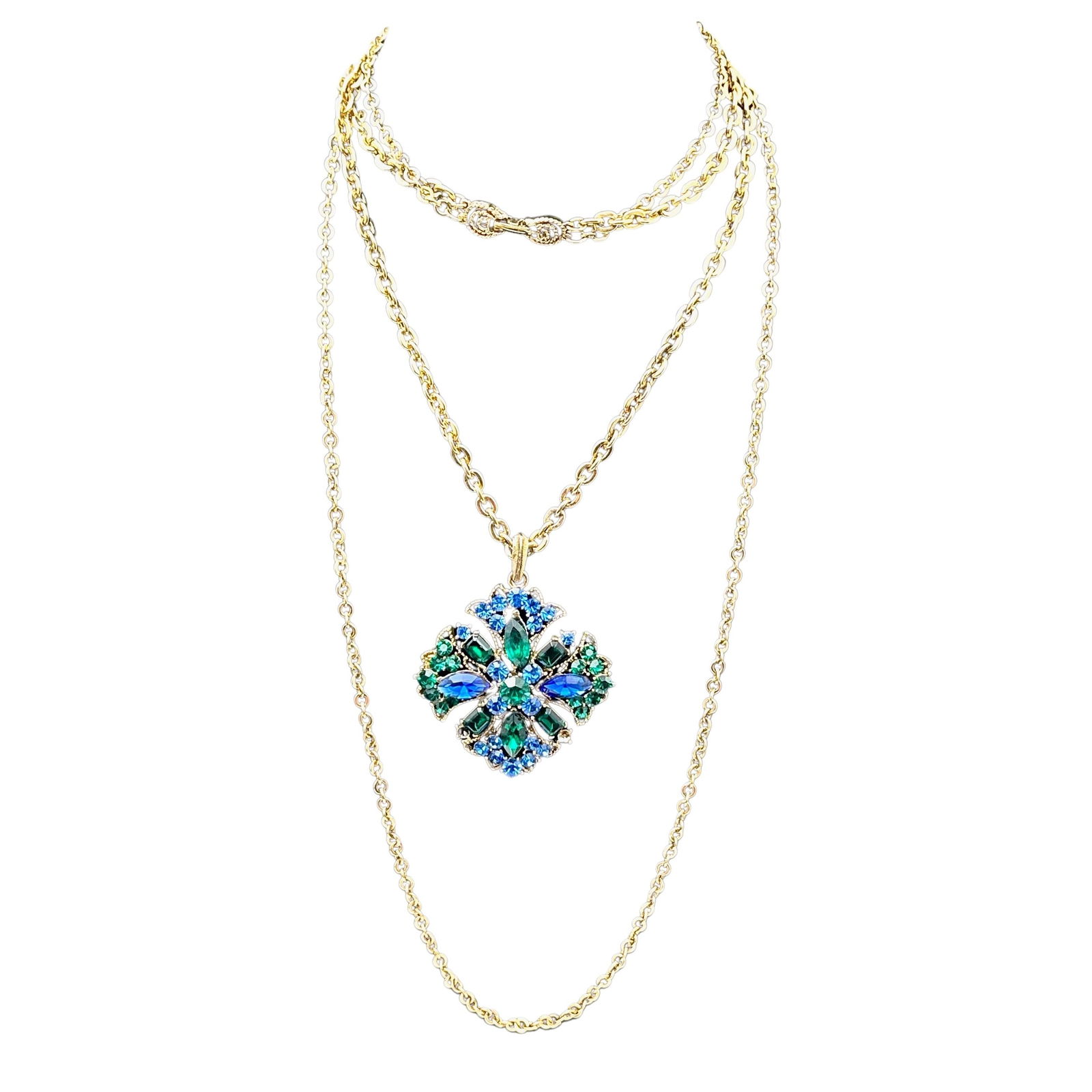 Vintage Blue Green Glass Rhinestone Maltese Cross Pendant Gold tone Necklace 24 Inch Wearable Length: Vintage Blue Green Glass Rhinestone Maltese Cross Pendant Gold tone Necklace 24 Inch Wearable Length