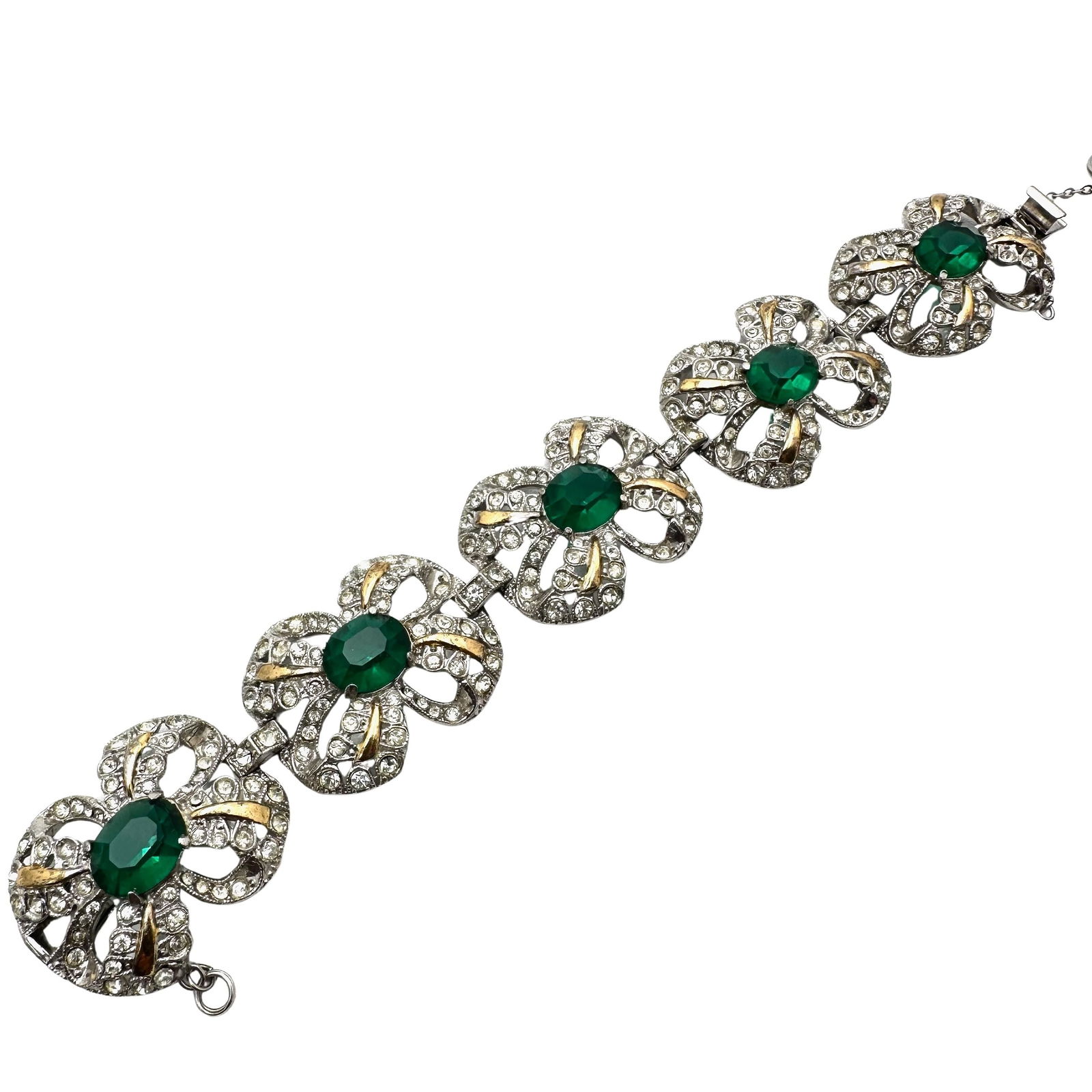 Vintage Stunning Emerald Green Glass Silver Pot Metal With Gold Plated Accents Bracelets 7 Inch: Vintage Stunning Emerald Green Glass Silver Pot Metal With Gold Plated Accents Bracelets 7 Inch