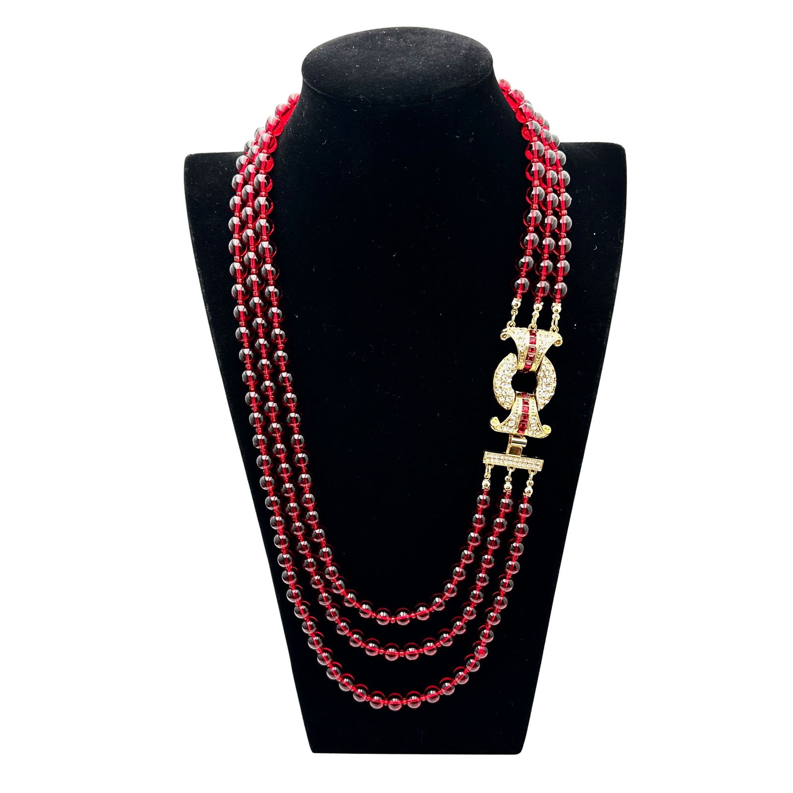 Red And Clear Glass Fancy Clasp Red Glass Bead Multistrand Gold Tone Necklace 22 Inch Wearable (1 of 2)