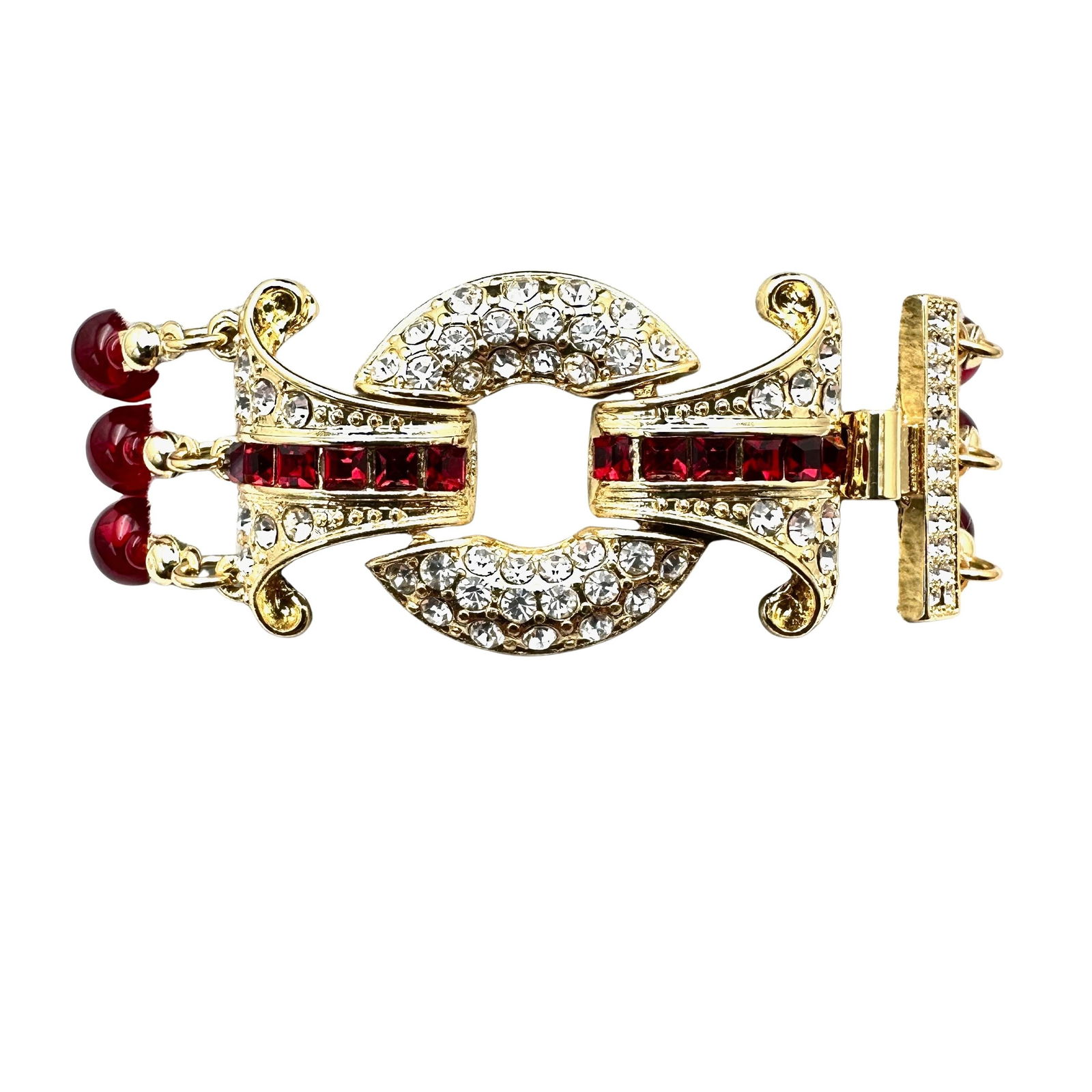 Red And Clear Glass Fancy Clasp Red Glass Bead Multistrand Gold Tone Bracelet 7.5 Inch: Red And Clear Glass Fancy Clasp Red Glass Bead Multistrand Gold Tone Bracelet 7.5 Inch