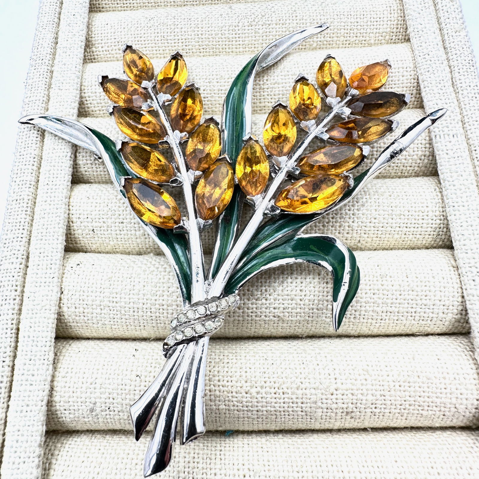 Antique Vintage Green Enamel Amber Colored Glass Rhinestone Silver Pot Metal 4 Inch Brooch Pin: Antique Vintage Green Enamel Amber Colored Glass Rhinestone Silver Pot Metal 4 Inch Brooch Pin