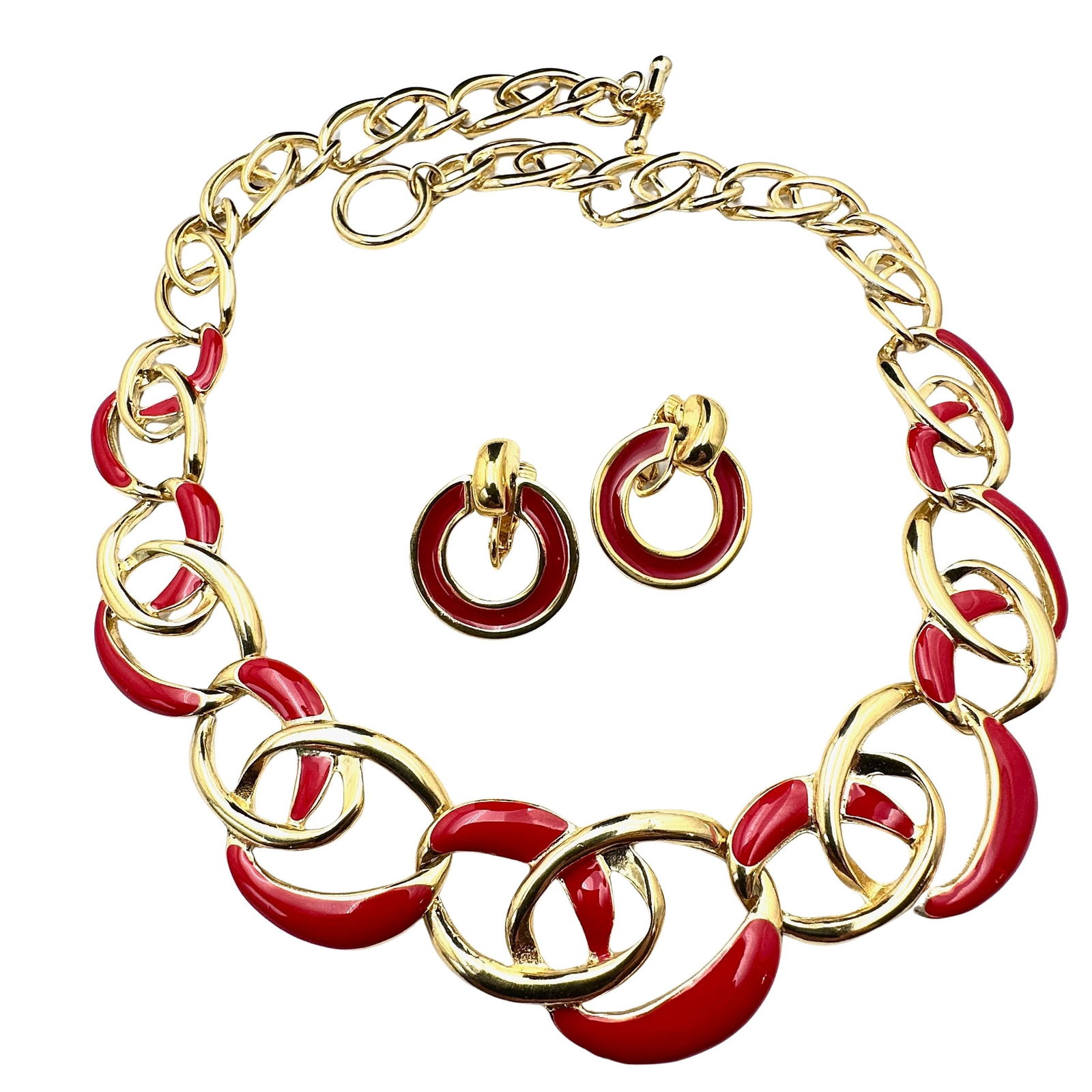 Vintage Red Enamel Gold Tone Statement Necklace and Clip Earrings: Vintage Red Enamel Gold Tone Statement Necklace and Clip Earrings
