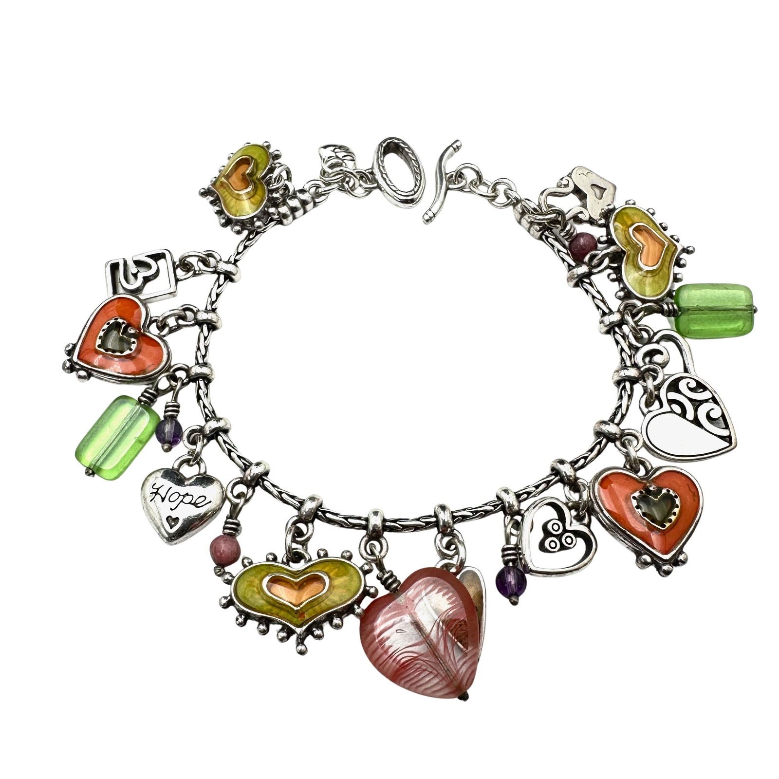 Vintage Brighton Multicolor Heart Charm Bracelet Silver Plated 7.5 Inch: Vintage Brighton Multicolor Heart Charm Bracelet Silver Plated 7.5 Inch