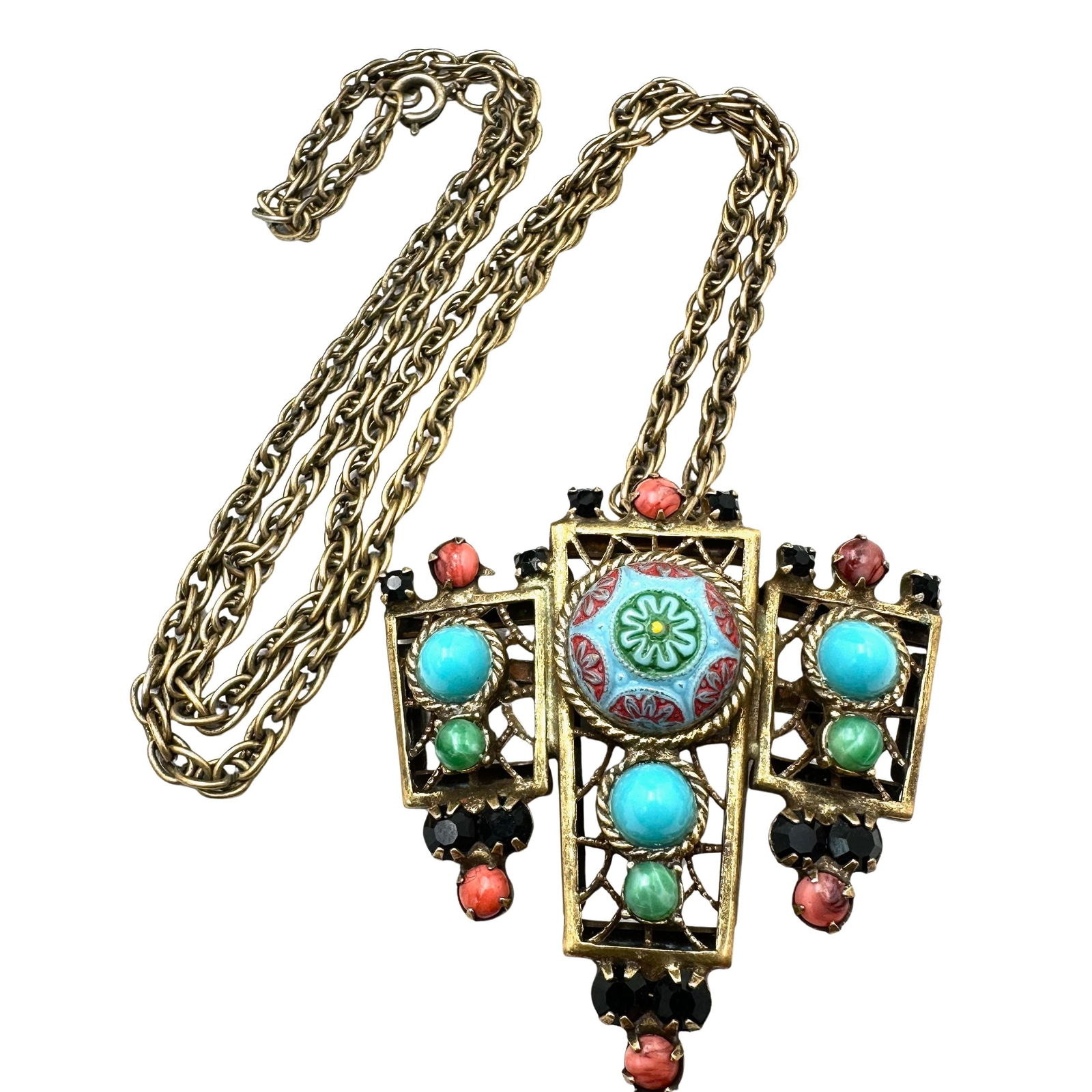 Vintage Juliana Multicolor Matrix Cabochon Antiqued Gold Tone Pendant Necklace Selling As Is Missing: Vintage Juliana Multicolor Matrix Cabochon Antiqued Gold Tone Pendant Necklace Selling As Is Missing Dangle at Bottom of Pendant